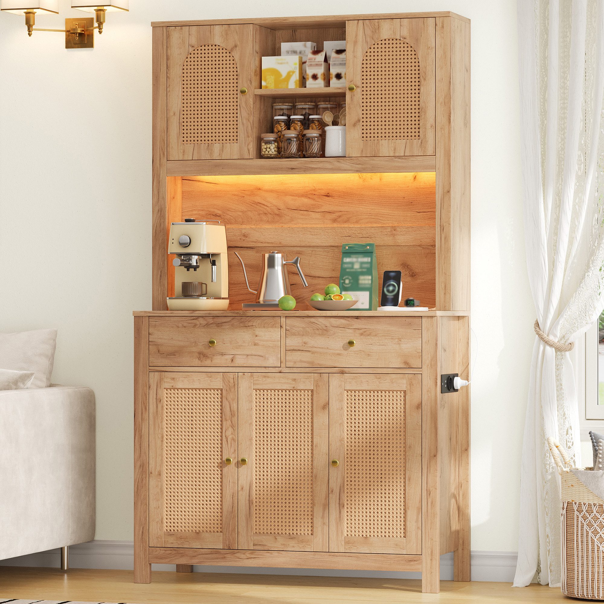 Flieks Küchenbuffet Hochschrank mit LED-Beleuchtung, Steckdosen, Rattantüren, 2 Schubladen (Ladefunktion, 1-St., B100xT40xH180 cm) …