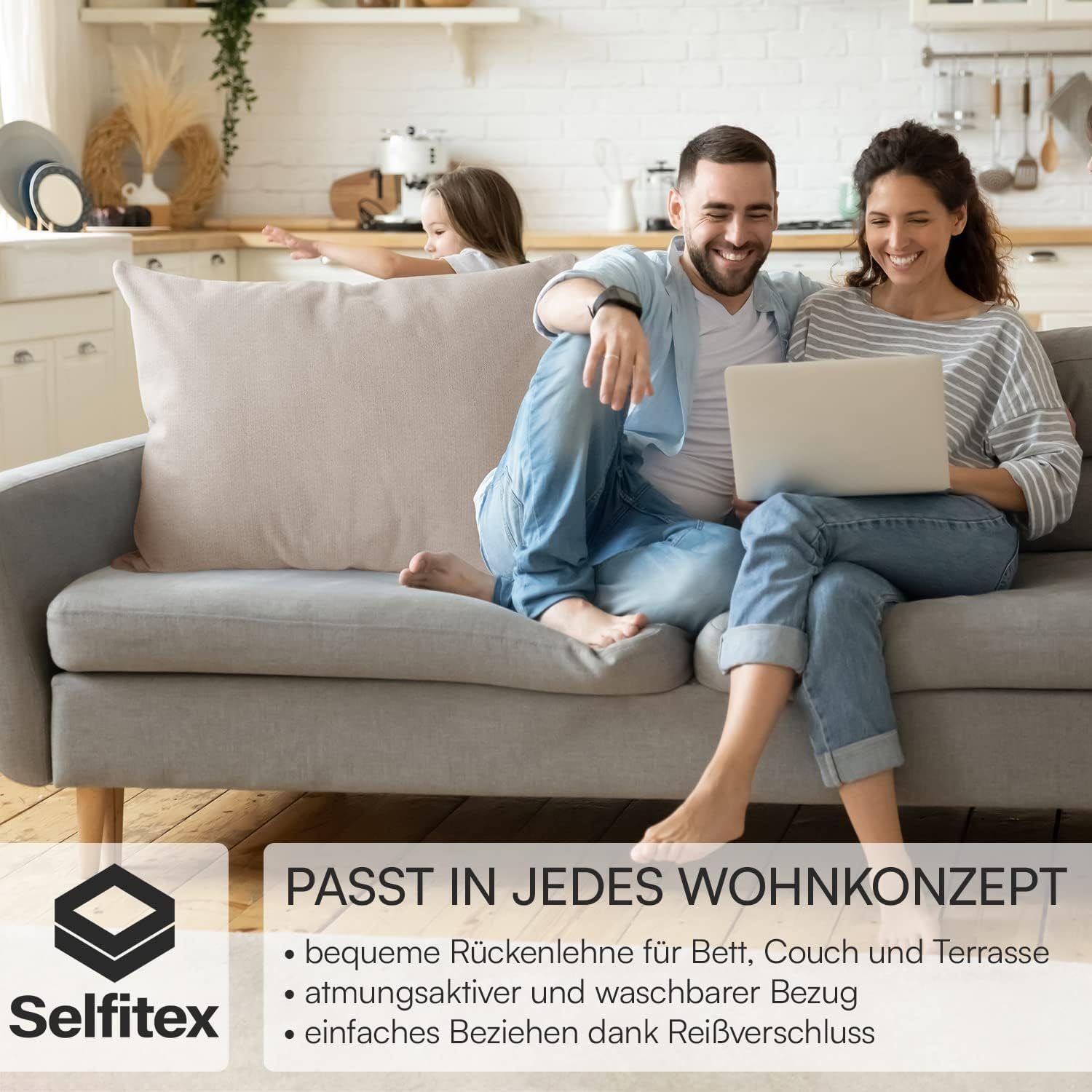 Selfitex Dekokissen XXL 60x80 Beige kuschelweiches Füllkissen Bett oder Polster als jeglicher Couch, Lesekissen, für Sofakissen, Art inkl. Rückenkissen