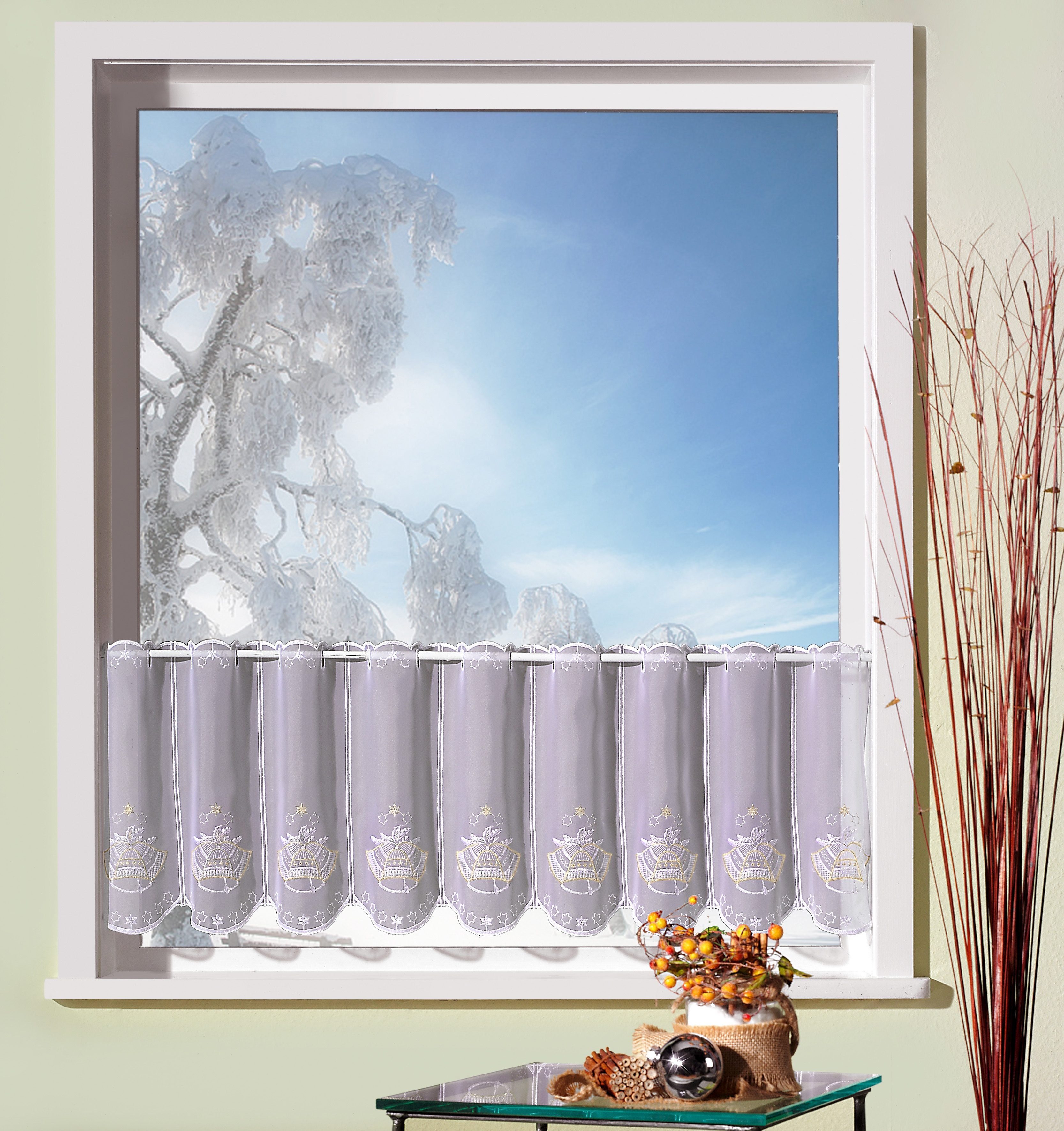 Stickereien Plauen Scheibengardine Glocke (1 St), Durchzuglöcher, transparent, Voile, veredelt mit echter Plauener Spitze Stickerei