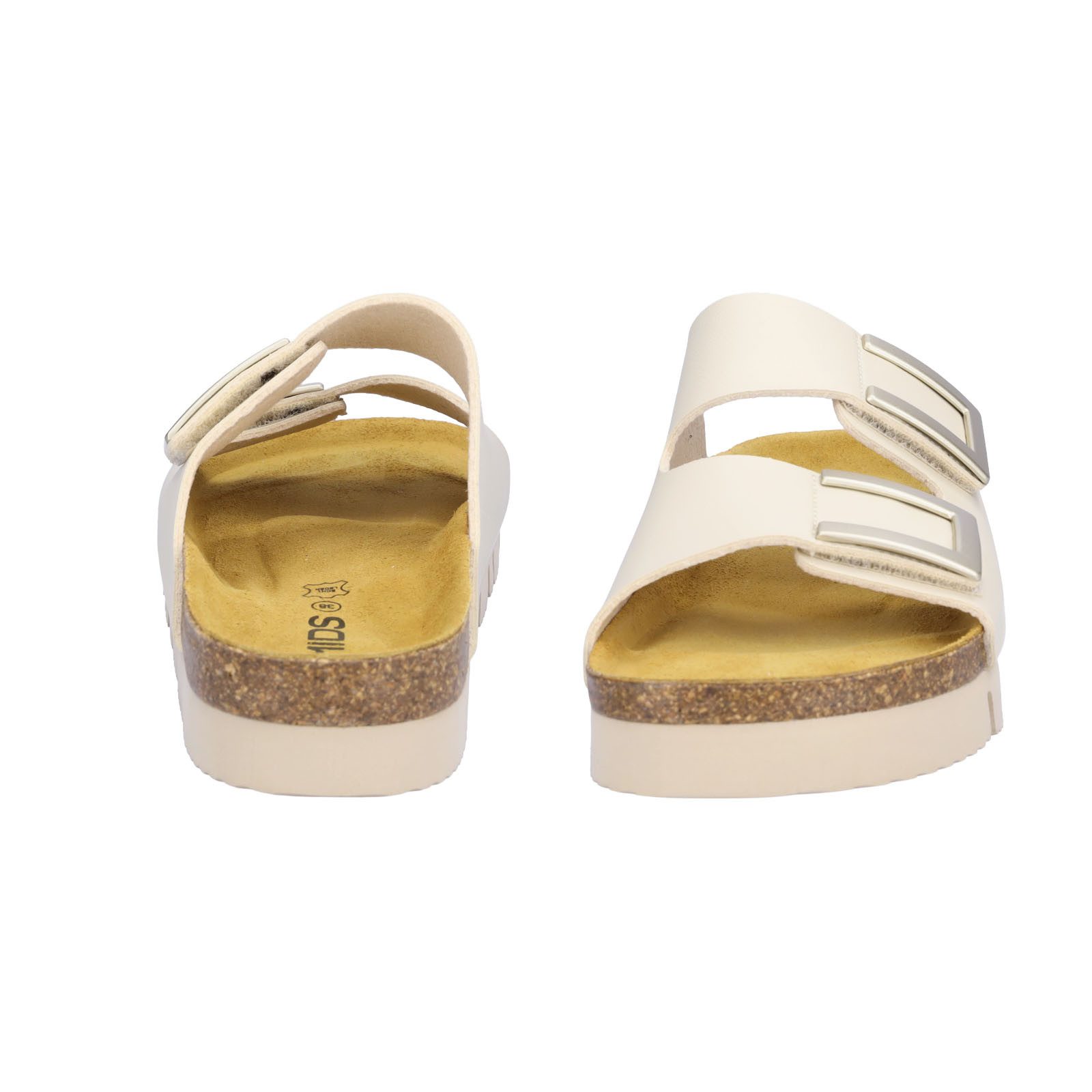 MIDS MIKA Damen Pantolette beige, Zweiriemer mit verstellbarem Klettverschluss & Lederfußbett