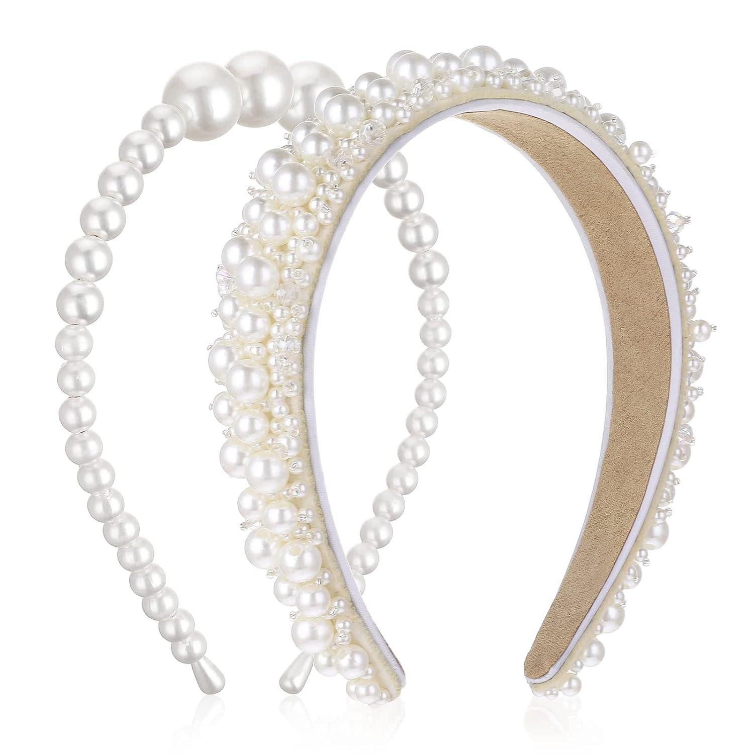 Haarreif 2er Set Perlen Haarreif Braut Mädchen Weiß Hochzeit Stirnband Damen