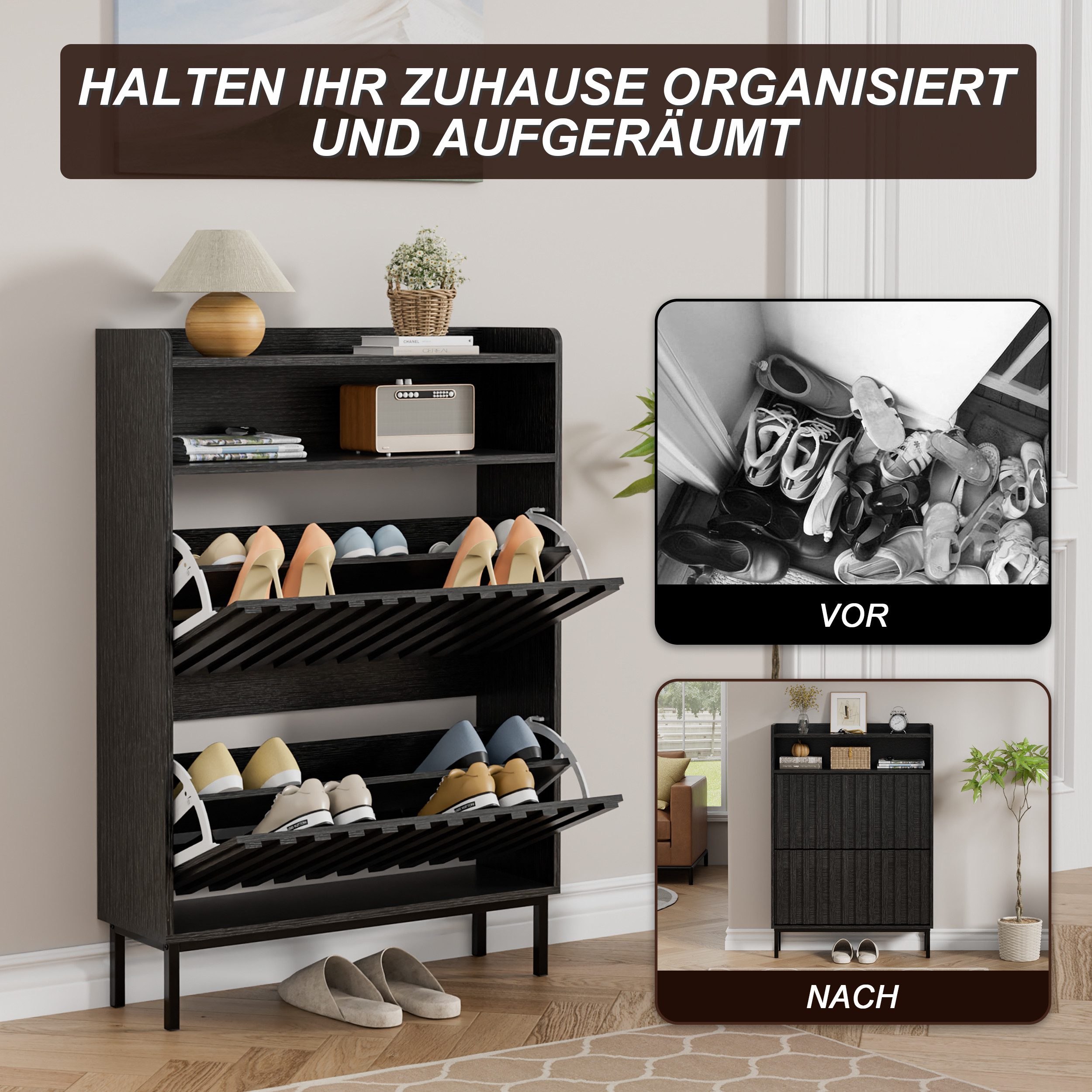 UEV Schuhschrank mit 2 Klappen Schuhregal Schukipper schmal platzsparend (Modern Schuhaufbewahrung mit Oberplatte Platzsparend, Anti-Kipp-Vorrichtung für Eingan – Bild 4 von 5