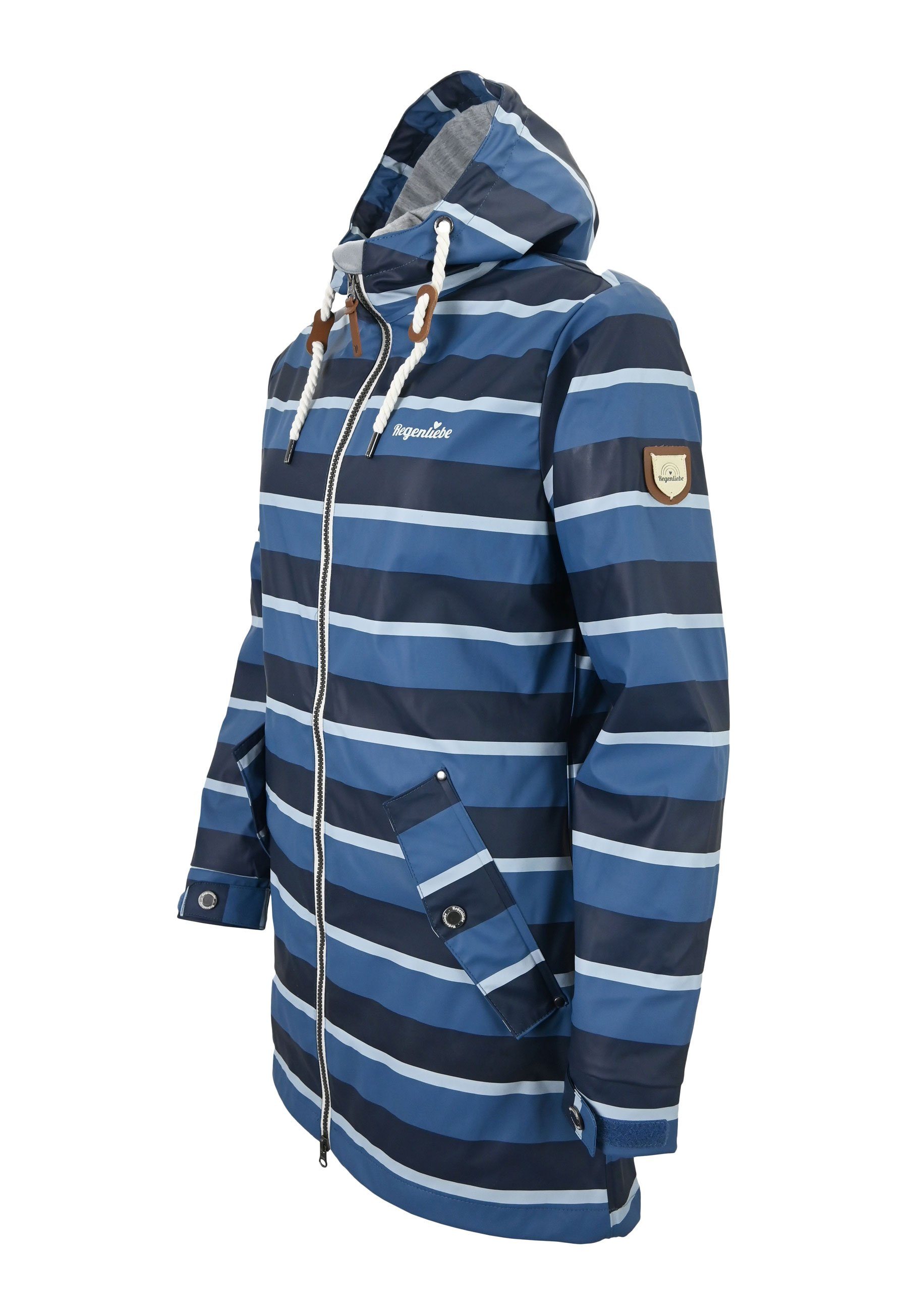 Regenliebe Regenmantel Friesennerz blau Regenjacke halblang gestreift, wasserdicht winddicht