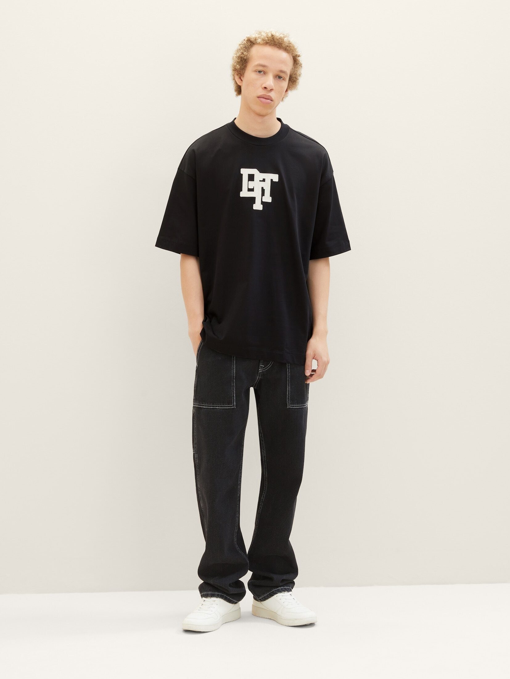 Oversized TOM Denim Black Applikation TAILOR mit T-Shirt T-Shirt