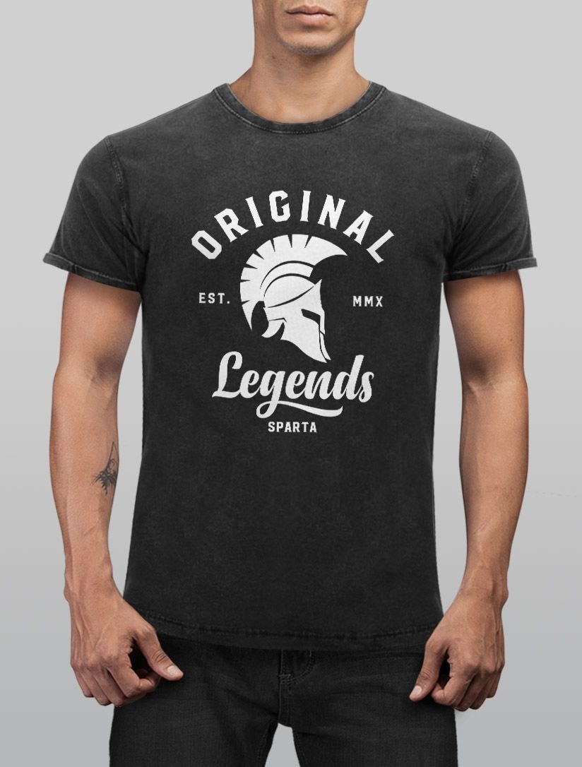 Neverless Print-Shirt Neverless® Herren Used Sparta Printshirt Original Vintage Look mit Shirt Fit Gladiator T-Shirt Print Aufdruck Slim Legends