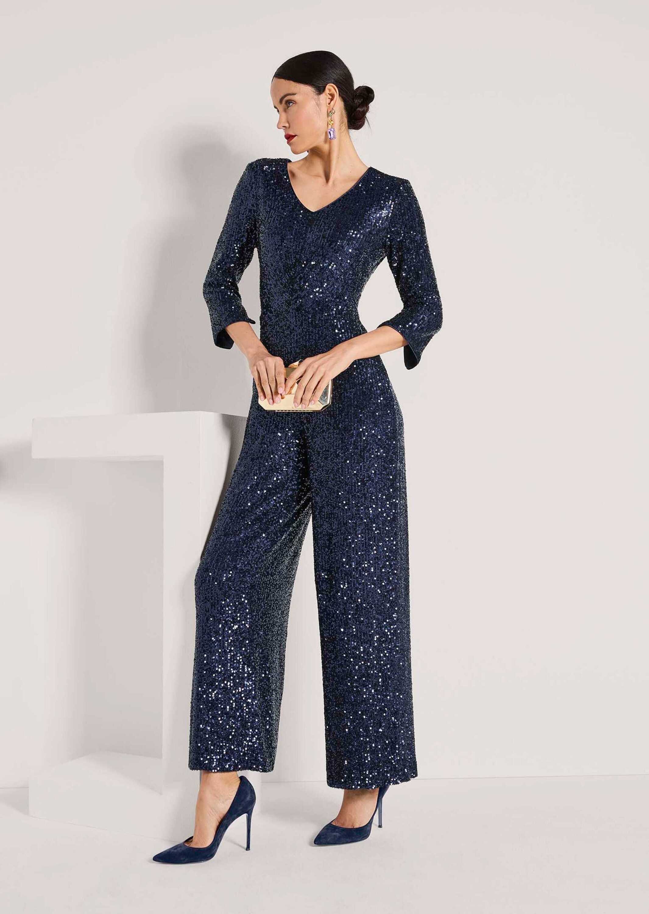 MADELEINE Jumpsuit Eleganter Pailletten-Einteiler Glanzoverall mit V-Ausschnitt, weiten Culotte-Beinen und 3/4-Arm