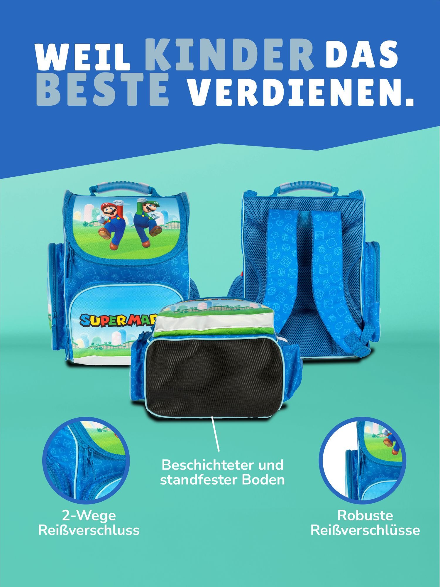 Familando Schulranzen Clou Super Mario Schultasche, blau, ab 1. Klasse (Grund-Set, 5-tlg., mit Federmappe, Schlamper, Turn- & Geldbeutel), kompakt, leicht, robust