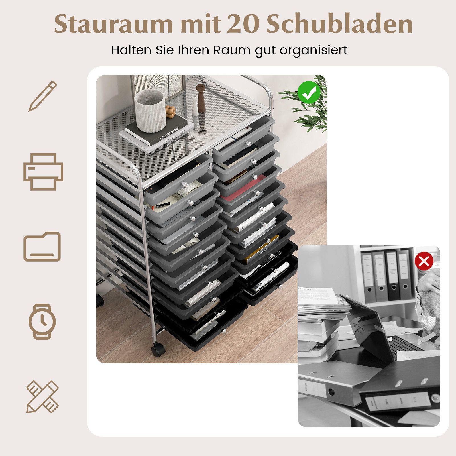 COSTWAY Rollwagen, mit 20 stapelbaren Schubladen & Metallrahmen, 63x39x88cm