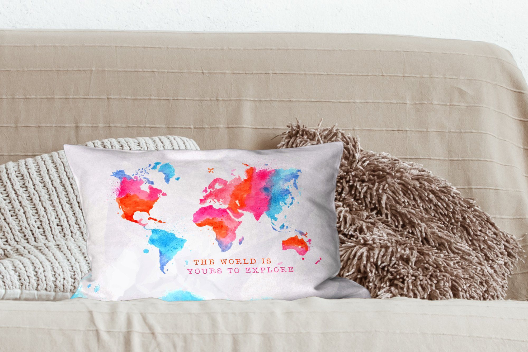 Wohzimmer Karte Welt Dekokissen mit Füllung, - Dekoration, Zierkissen, Sprichwörter, Dekokissen Schlafzimmer - MuchoWow