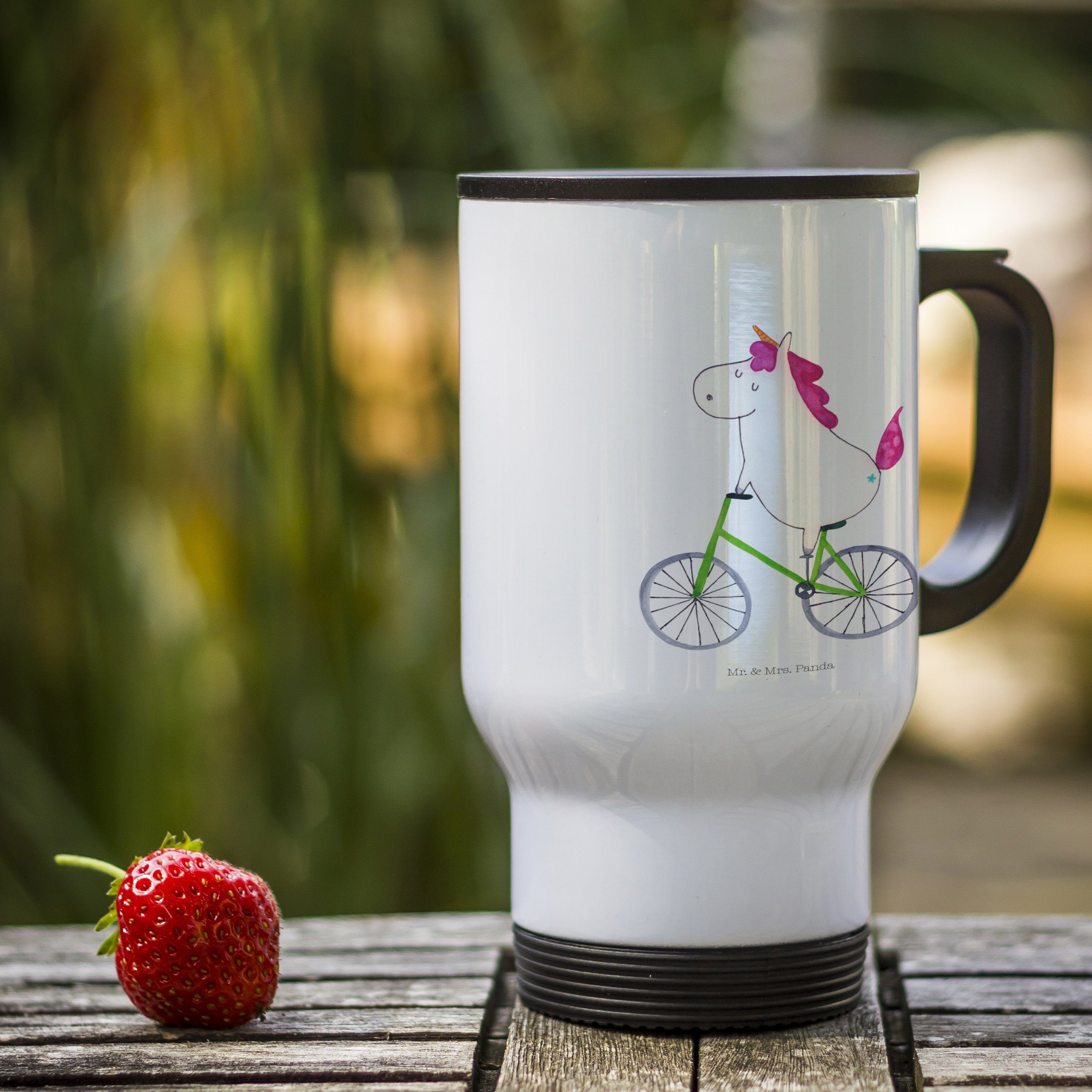 Mr. & Mrs. Panda Thermobecher Einhorn Radfahrer, thermosbecher, Weiß, Radfahrer, To-Go-Becher, Unic, Edelstahl, getränkebecher Thermobecher Schule Isolierbecher Edelstahl