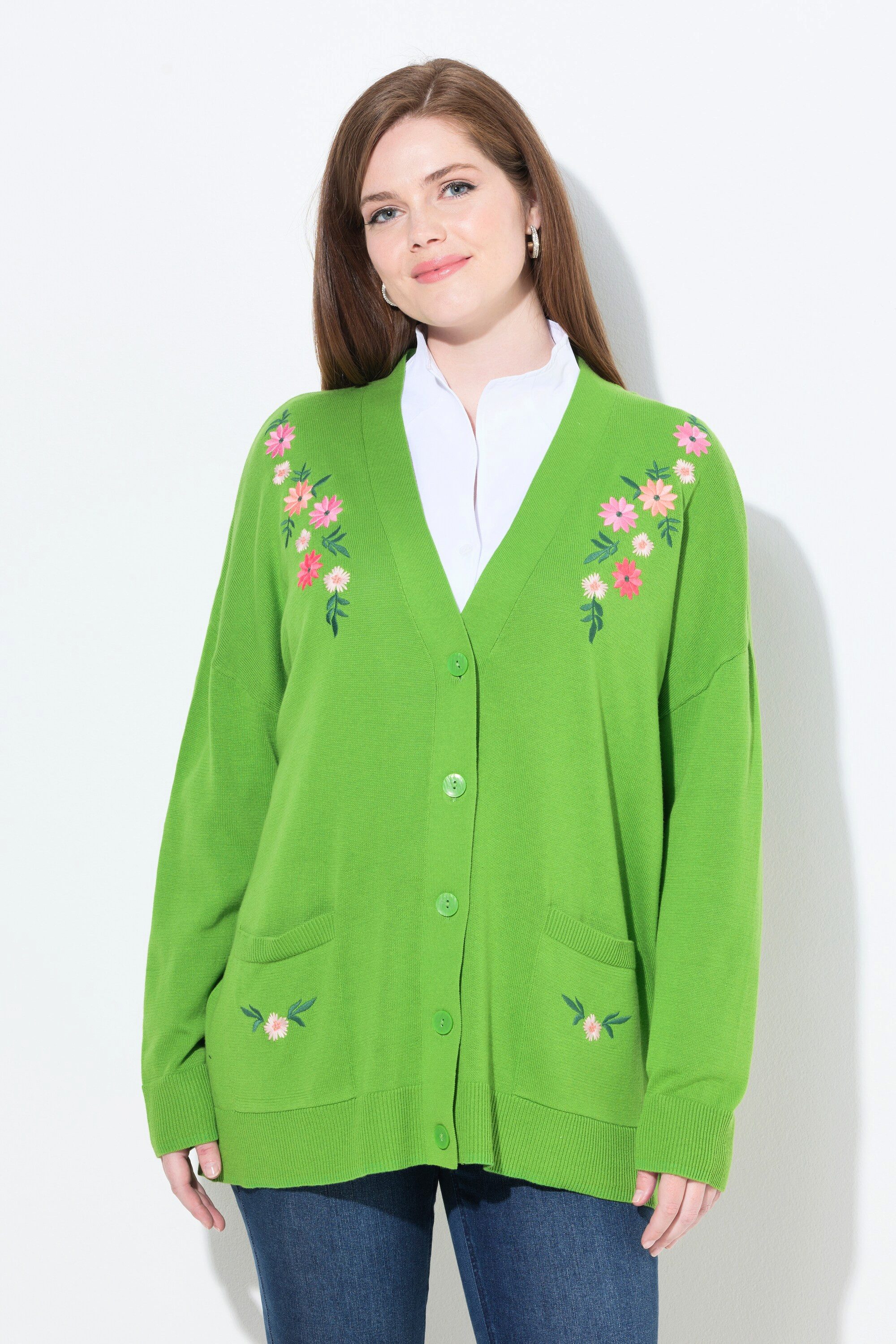 Ulla Popken Strickjacke Strickjacke Blüten-Stickerei V-Ausschnitt Langarm günstig online kaufen