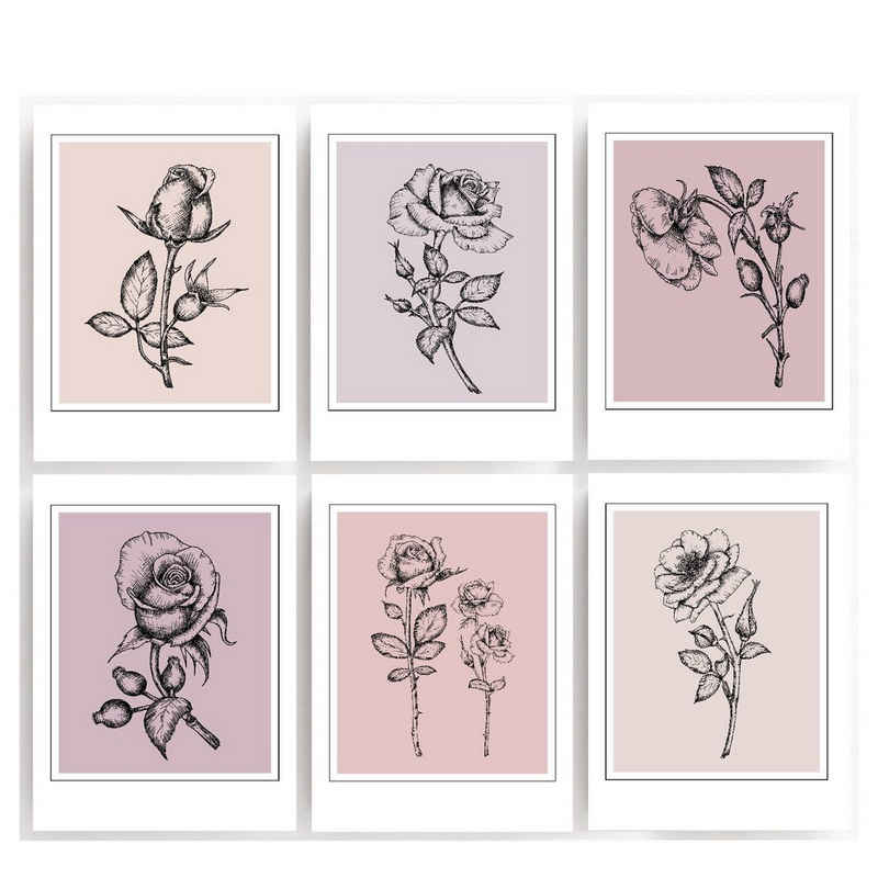 homestyle-accessoires Poster Bilderset VINTAGE ROSEN ZEICHNUNG 6er SET DIN A4 ODER DIN A3 Prints, Ohne Bilderrahmen