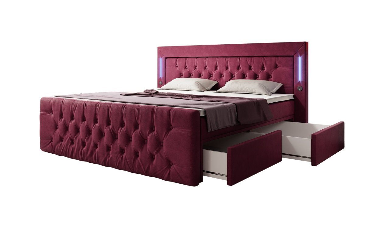Luxusbetten24 Boxspringbett Diva, mit LED-Beleuchtung, USB-Anschluss und Stauraum