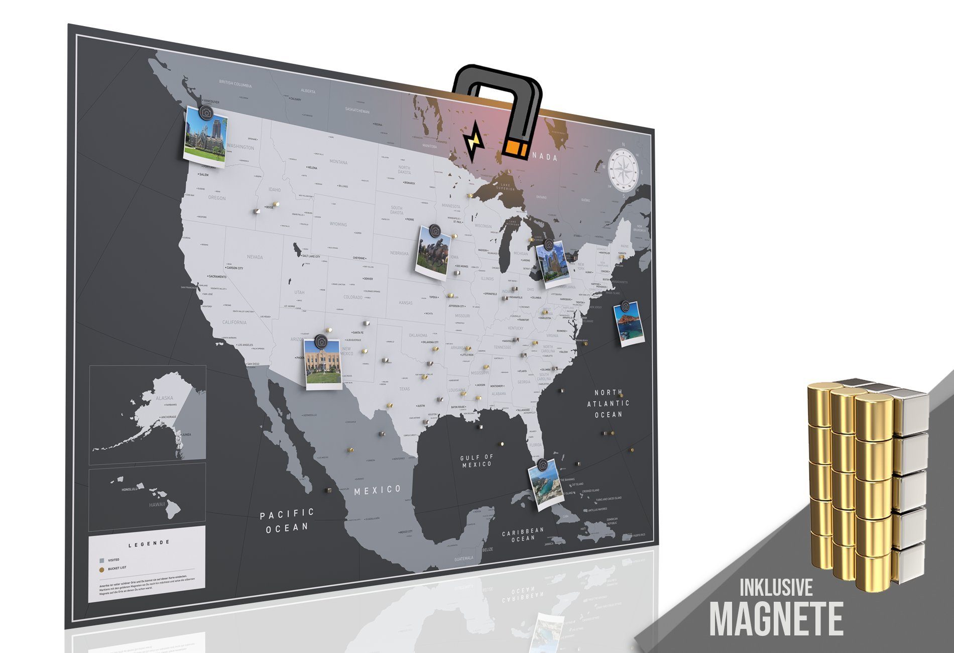 VACENTURES Wanddekoobjekt Die magnetische USA Karte - inkl. Magnet Pins