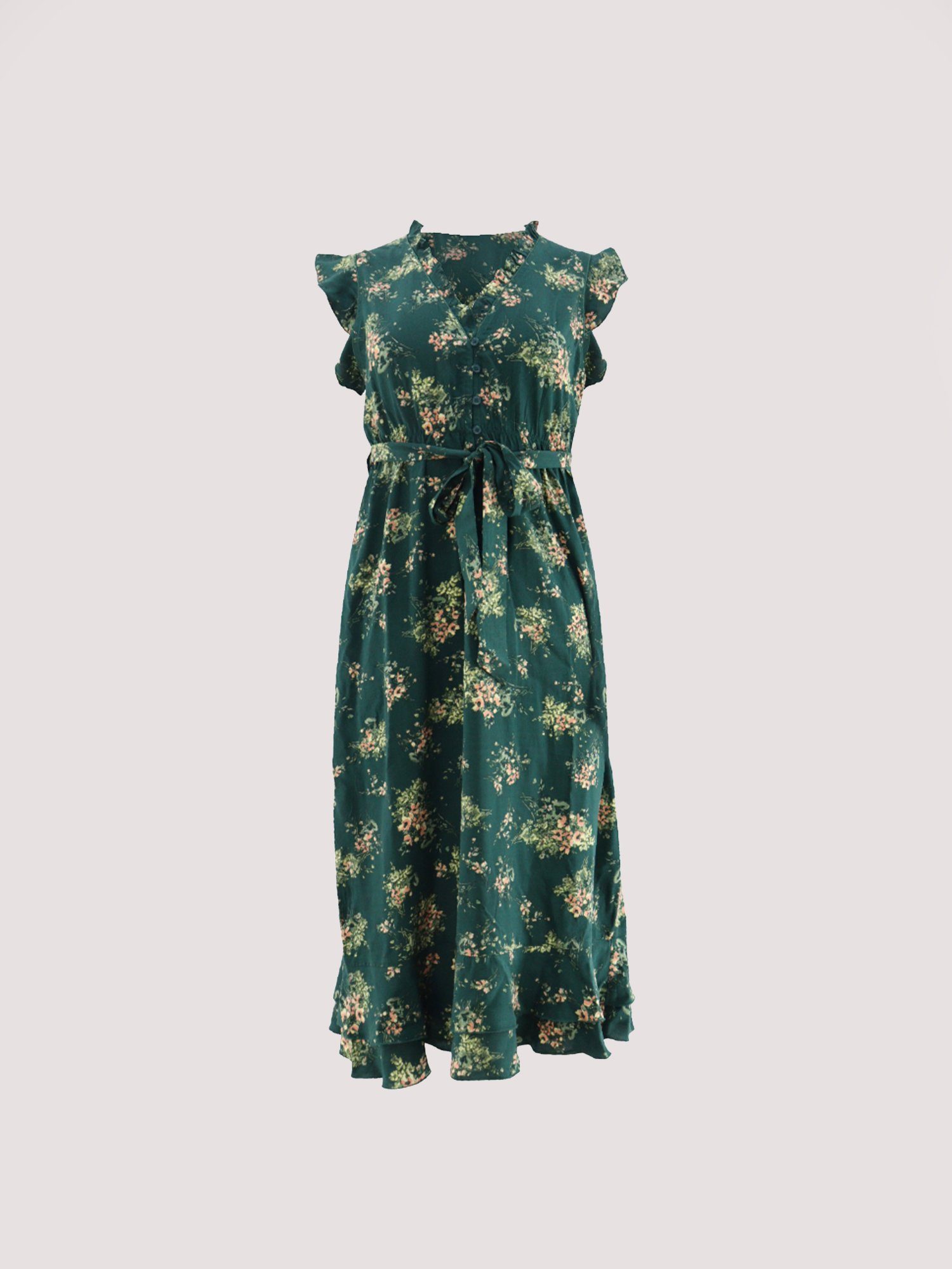 Apricot Midikleid sommerliches Midikleid, (2-tlg., Stoffgürtel) mit Rüschen, mit Bindegürtel