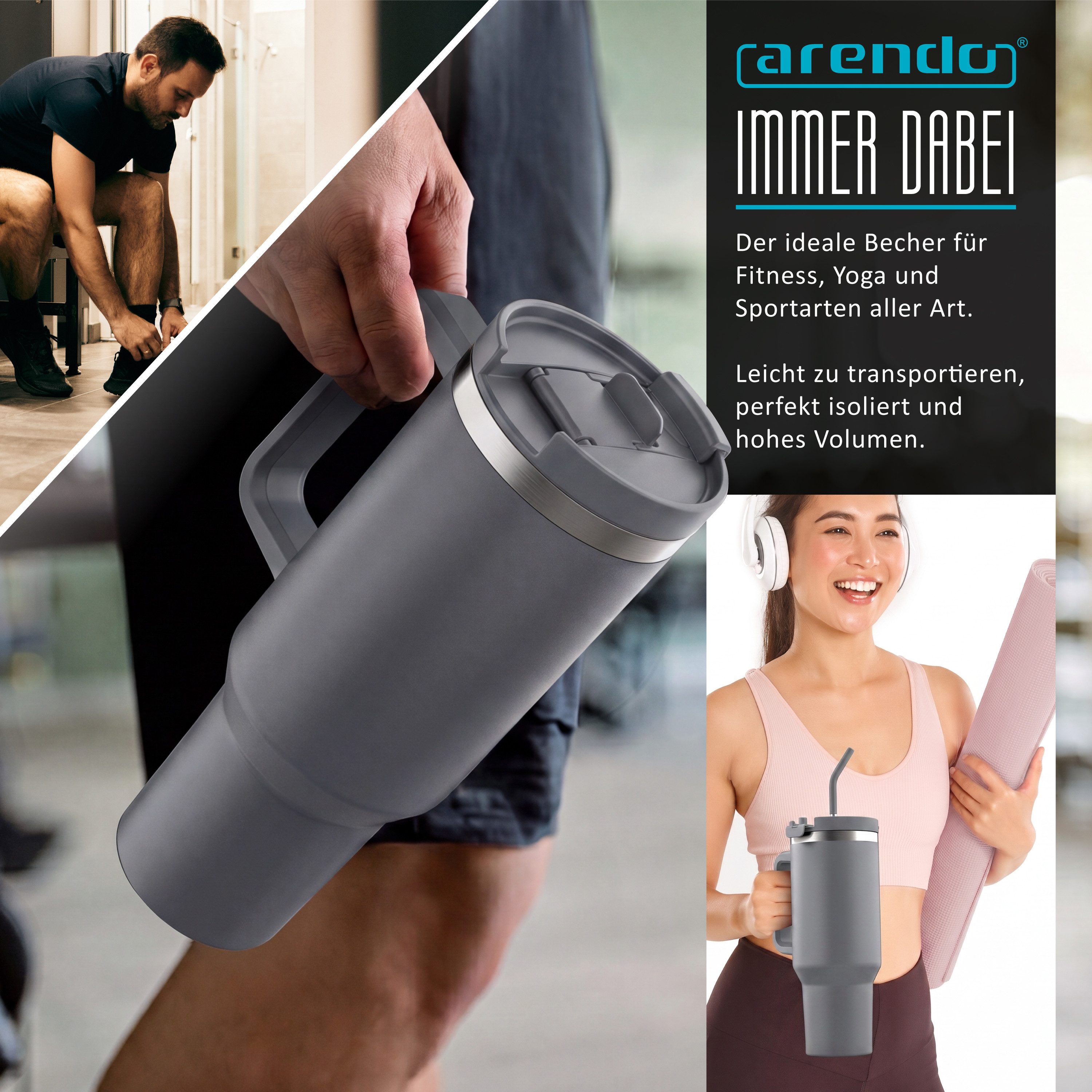 Arendo Thermobecher Tumbler 1200 ml, Becher mit Deckel, Henkel und Strohhalm, Thermal Mug, 1-tlg., Edelstahl, kohlensäuregeeignet, auslaufsicher, doppelwandig,  – Bild 5 von 5