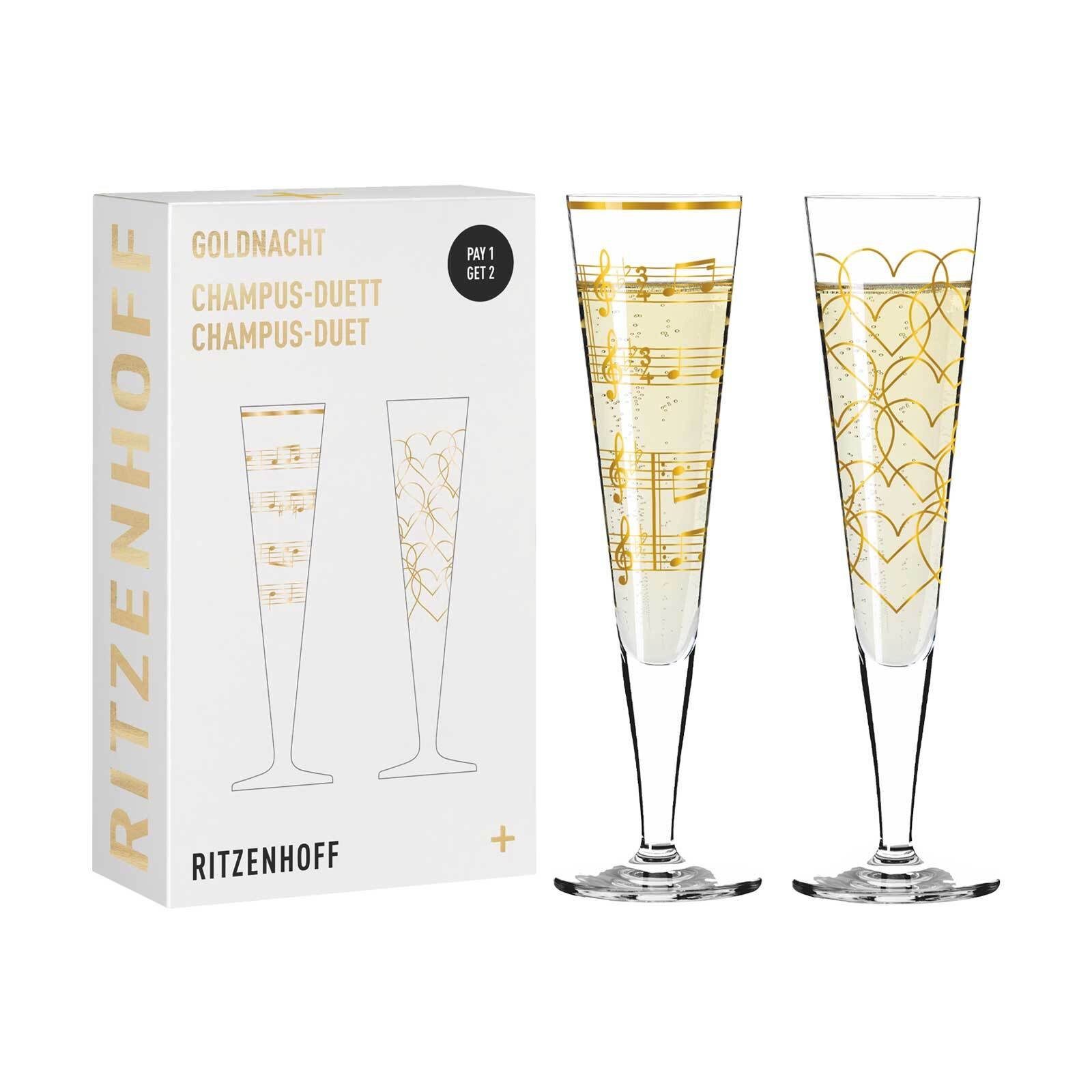 Ritzenhoff Champagnerglas Goldnacht Champagnergläser 205 ml 2er Set, Kristallglas