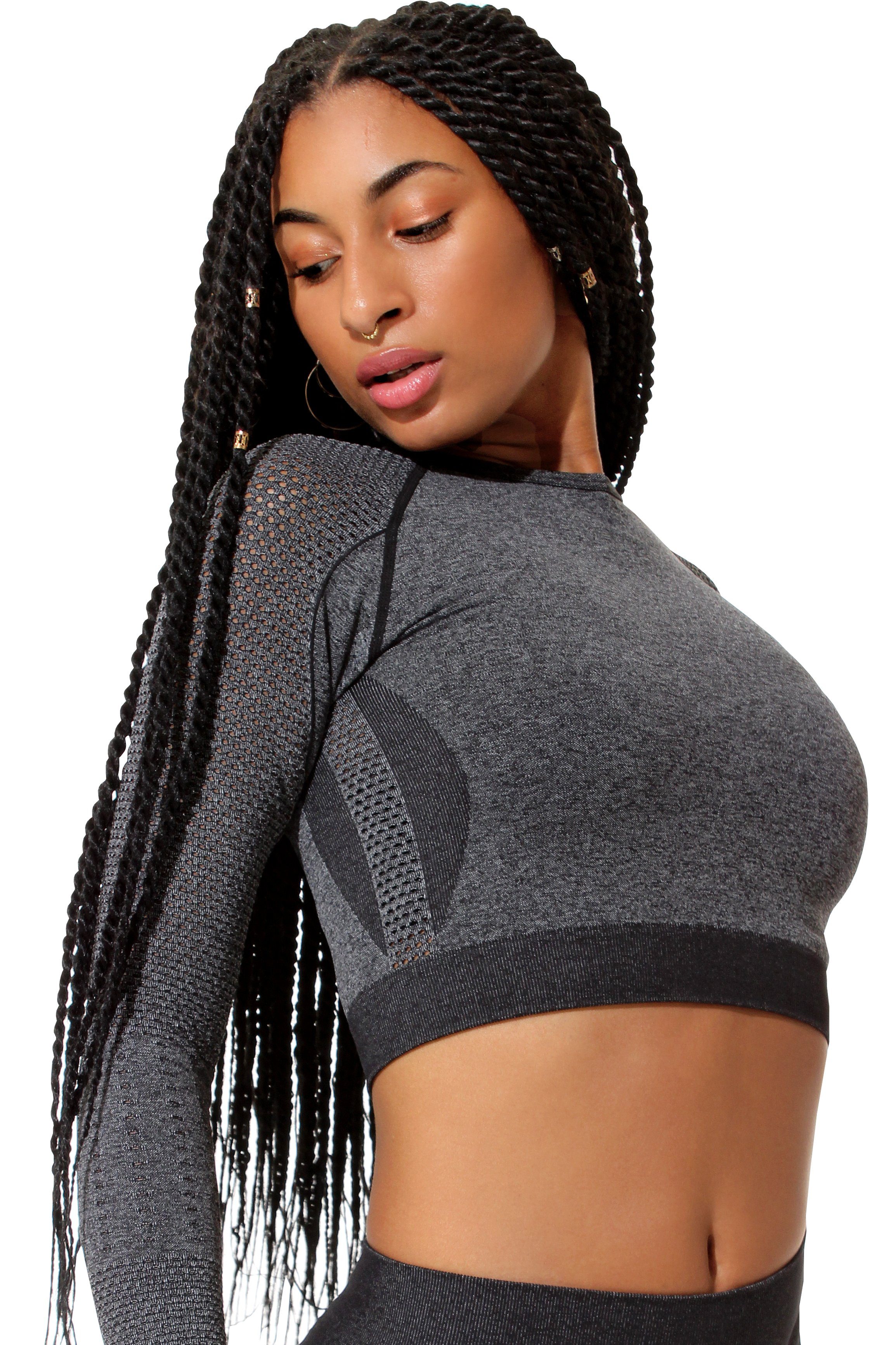 Stark Soul® Crop-Top Crop-Top Top Schwarz-Melange Longsleeve Sport