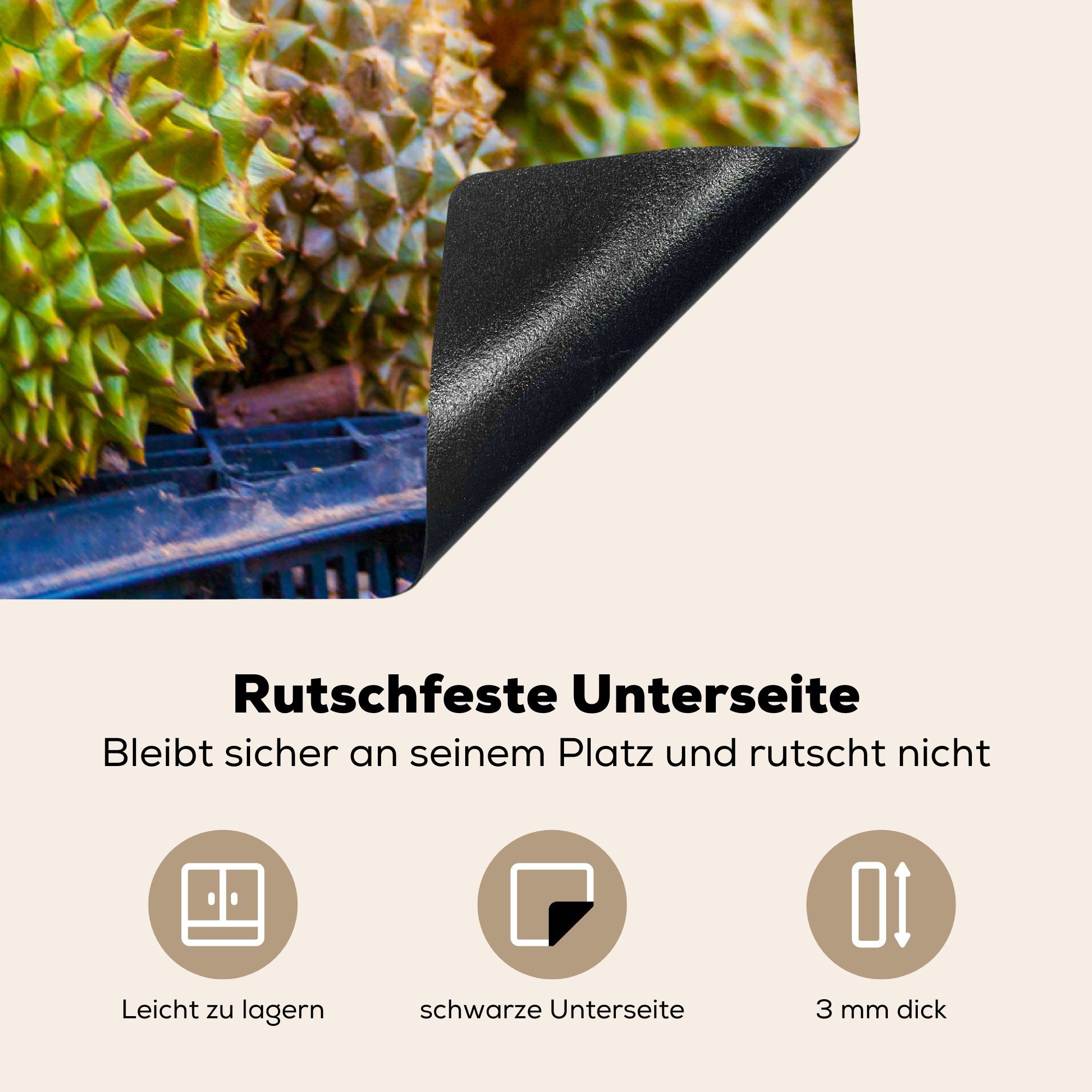 Vinyl, MuchoWow Herdblende-/Abdeckplatte Die küche verkaufen, Frucht Arbeitsplatte 83x51 Ceranfeldabdeckung, (1 tlg), cm, für Durian exotische zu