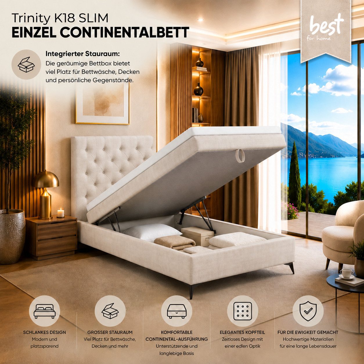 Best for Home Boxspringbett K18 Single SLIM mit Bettkasten & Bonellfedrkernmatratze, Topper H3 (Einzelbett, Polsterbett, Juniorbett, Hotelbett, versch. Größen, 1-St., 70x200 80x200 90x200 100x200 cm), mit oder ohne Topper, Flexible Liefermöglichkeiten, Handwerksqualität