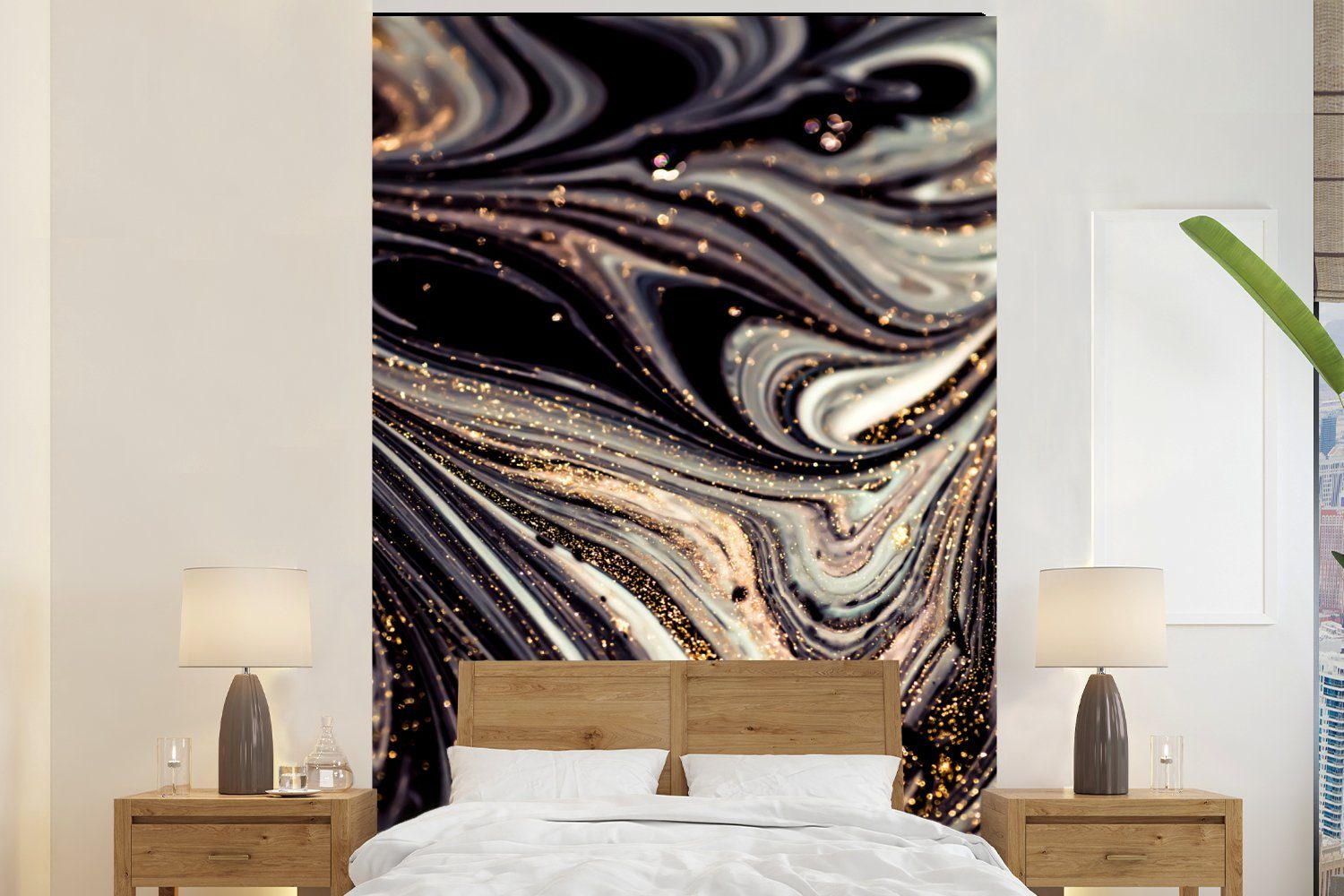 MuchoWow Fototapete Montagefertig Vinyl für Tapete Wohnzimmer, Weiß - - (3 - Wandtapete Gold Glitter - Schwarz bedruckt, Marmoroptik St), Marmor, Matt, 