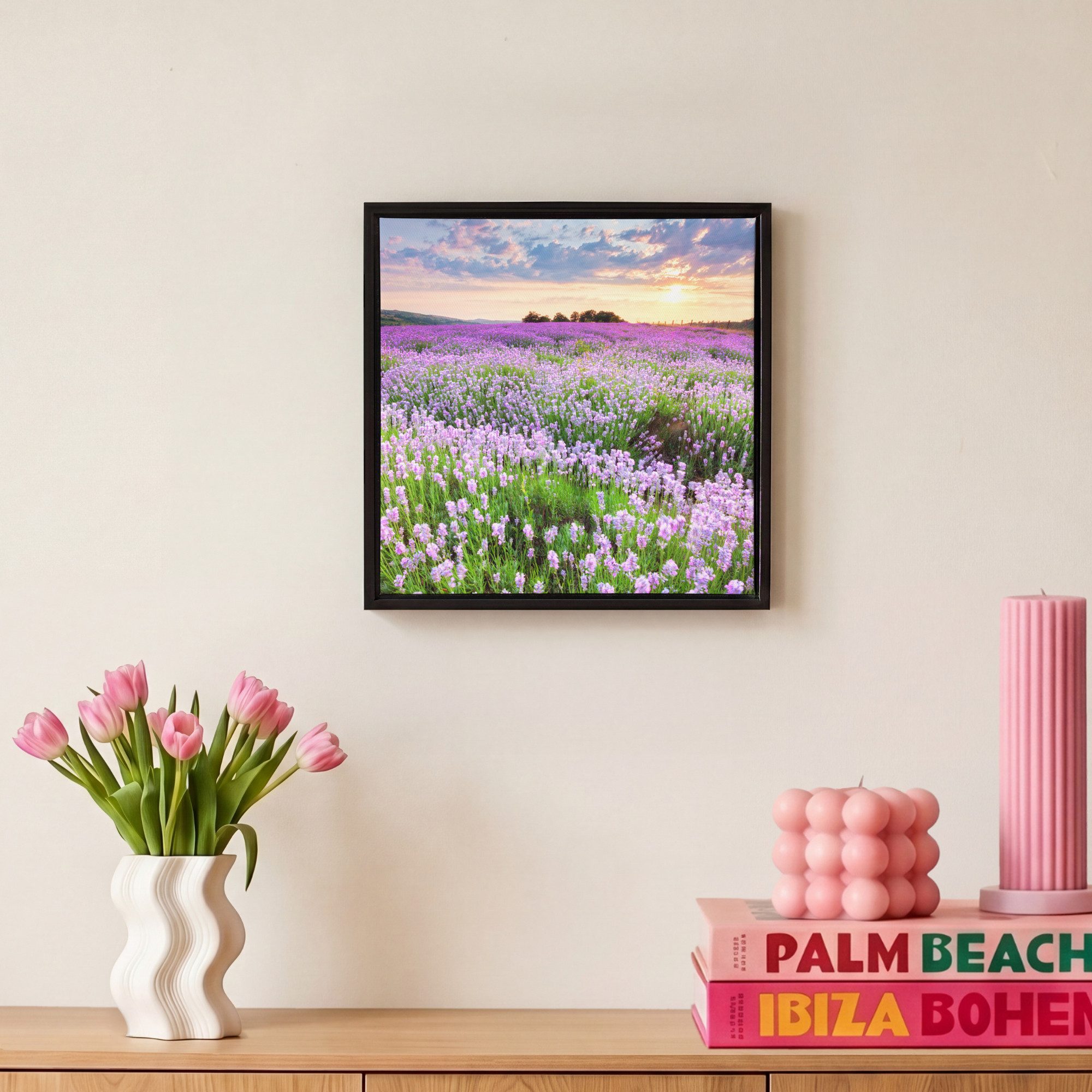 OneMillionCanvasses® Leinwandbild mit Rahmen - Blumen - Lavendel - Lila - Himmel - Sonnenuntergang - Wie, Fotodruck (1 St), Leinwand Bilder Klein, Wand Dekorati – Bild 4 von 5