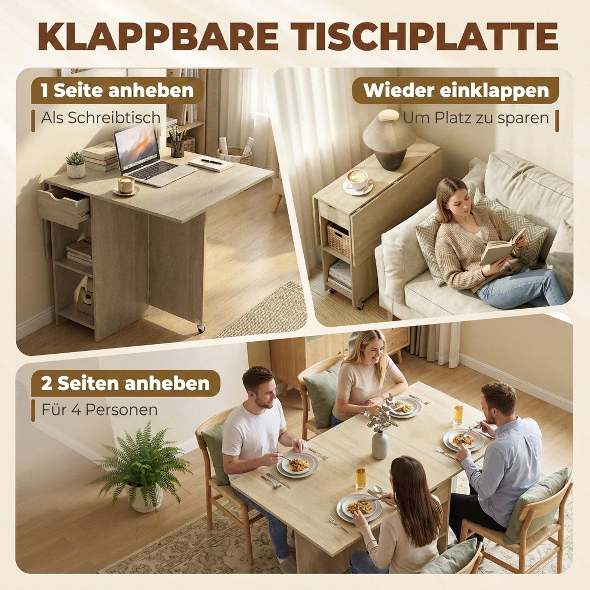 HOMCOM Klapptisch Küchentisch mit Schublade und 2 Ablagen, Moderner Esszimmertisch (Moderner Esszimmertisch, Esstisch Klappbar), für Kleine Räume, Esszimmer, Kü – Bild 4 von 5