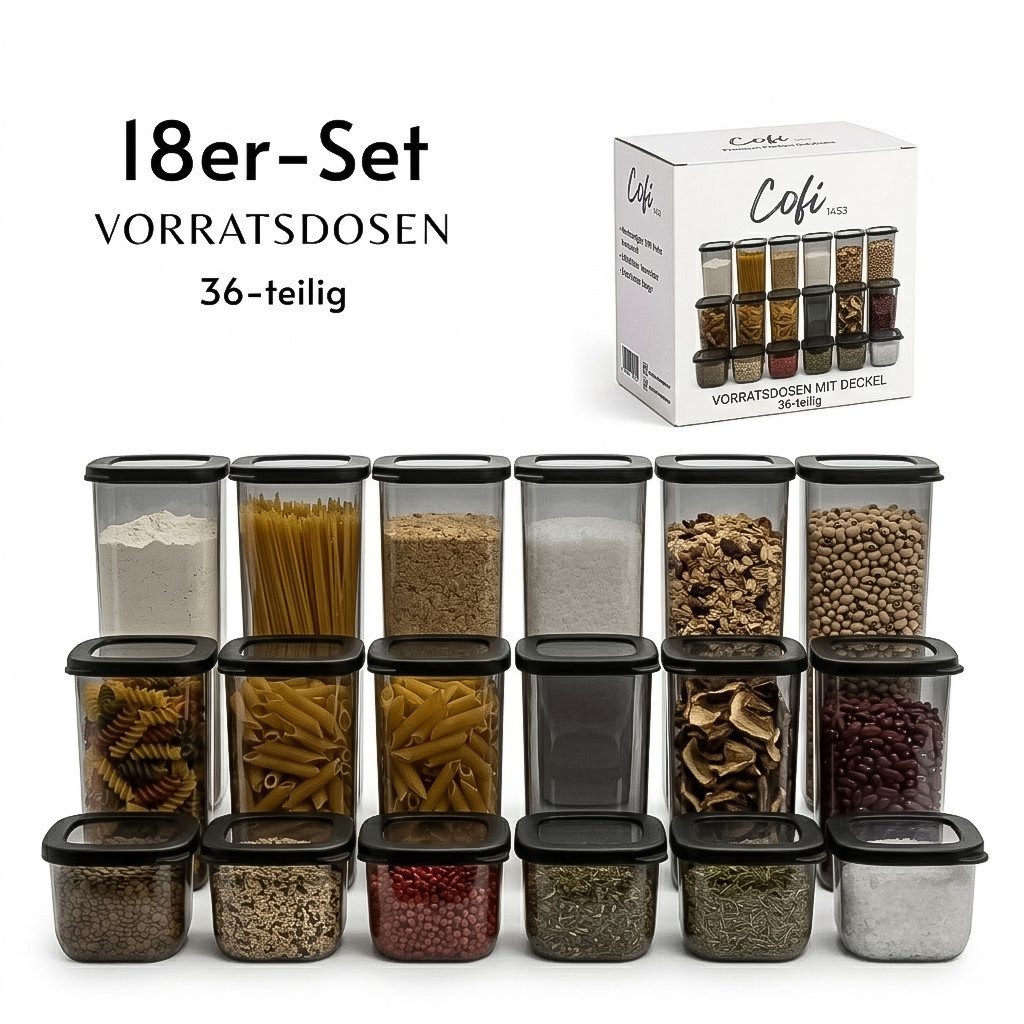 COFI 1453 Vorratsdose mit Deckel, Kunststoff, (18-tlg), luftdicht & stapelbar, für Lebensmittel und Meal Prep