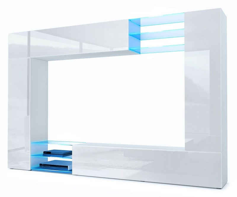 Vladon Wohnwand Mirage, (Anbauwand mit Rückwand mit 2 Türen, 4-St., 2 Klappen und 6 offenen Glasablagen), Weiß matt/Weiß Hochglanz, inkl. LED-Beleuchtung (262 x 183 x 39 cm)