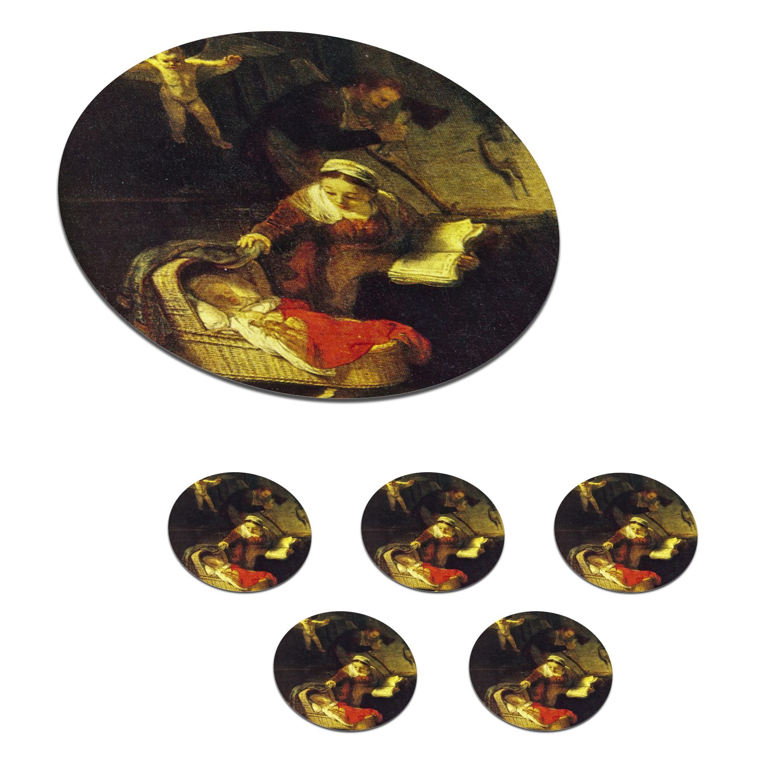 MuchoWow Glasuntersetzer Die Wiege der Weide - Gemälde von Rembrandt van Rijn, Zubehör für Gläser, 6-tlg., Getränkeuntersetzer, Tassenuntersetzer, Korkuntersetzer, Tasse, Becher