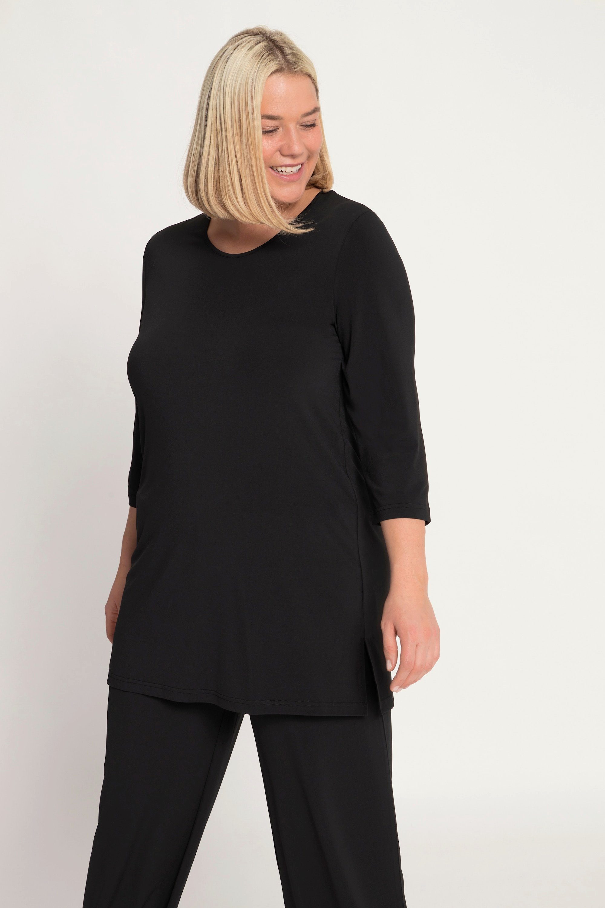 Ulla Popken Longshirt Longshirt Punkte Rundhals 3/4-Arm schwarz