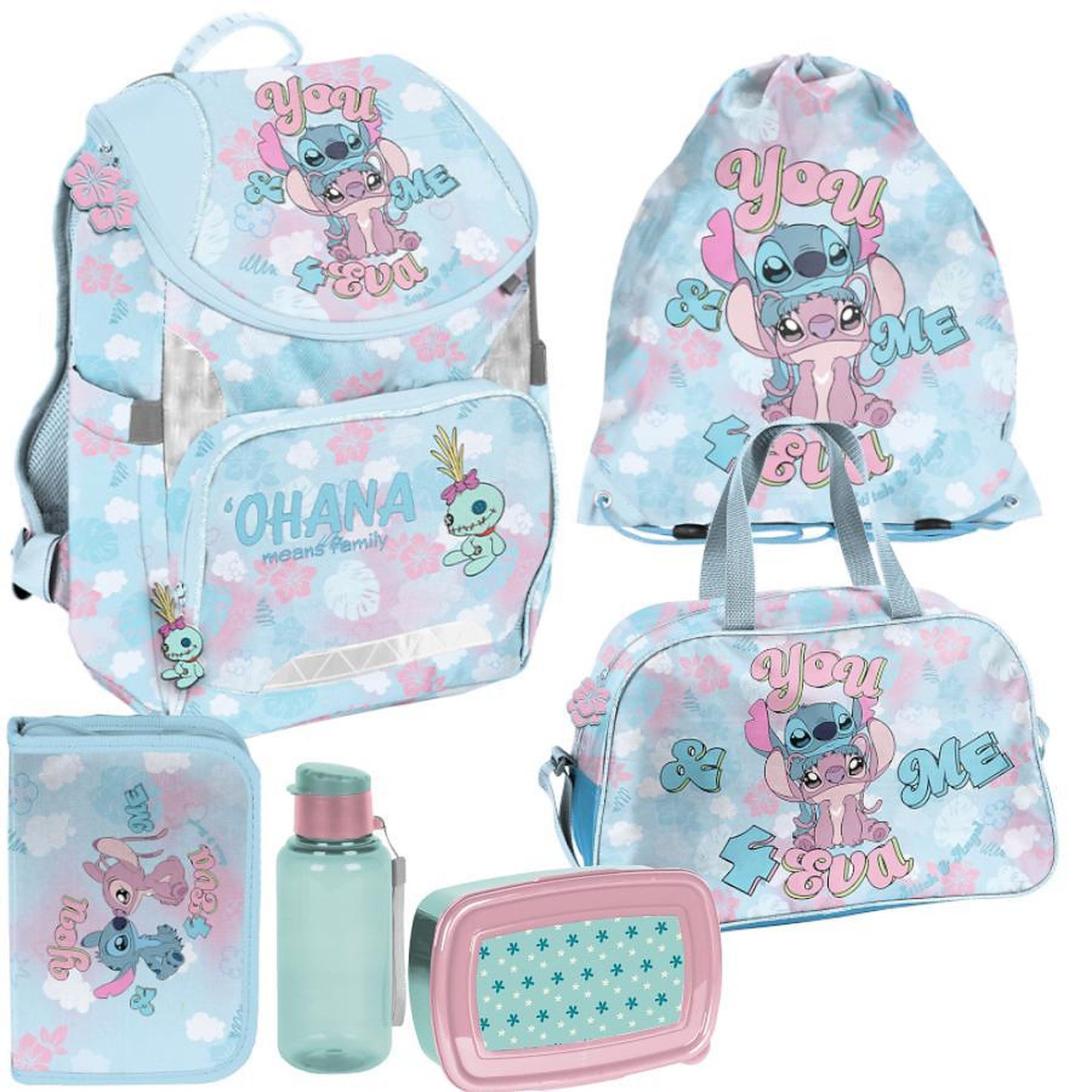 PASO Schulrucksack Mega Schulset - Lilo & Stitch Disney (Schulset, 6-tlg), Schulranzen-Set Für Jungen & Mädchen Klasse 1–4