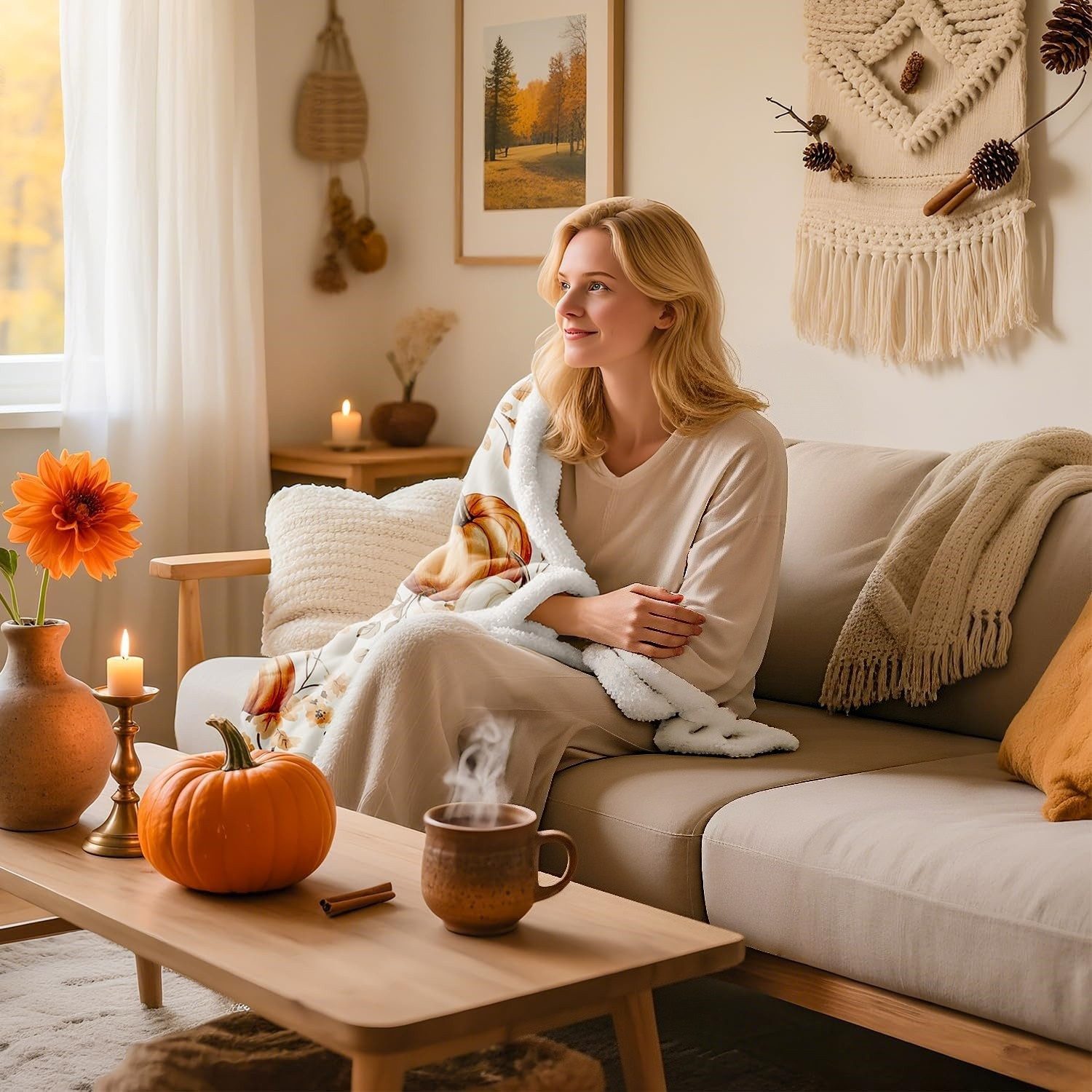 Wohndecke Herbstdecke mit Kürbis- und Blattmotiv, weich, 150 x 130 cm, FOUORTUNATE-BEE, Weiche orange Kuscheldecke für Sofa & Bett, Halloween-Deko – Bild 4 von 5