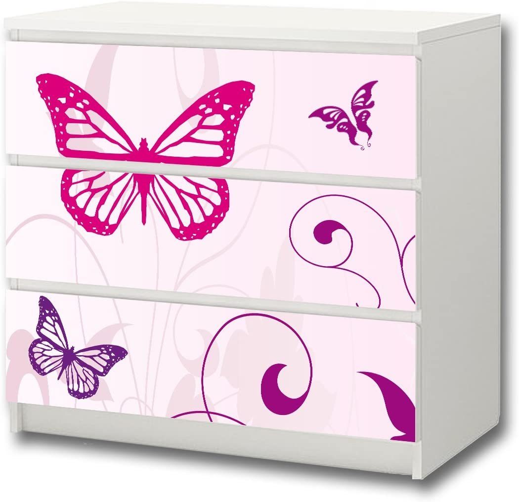 STIKKIPIX Möbelfolie M3K04, (MÖBEL NICHT INKLUSIVE) Butterfly Möbelsticker/Aufkleber - passend für die Kommode mit 3 Fächern/Schubladen MALM von IKEA - Bestehend aus 3 passgenauen Kinderzimmer Möbelfolien