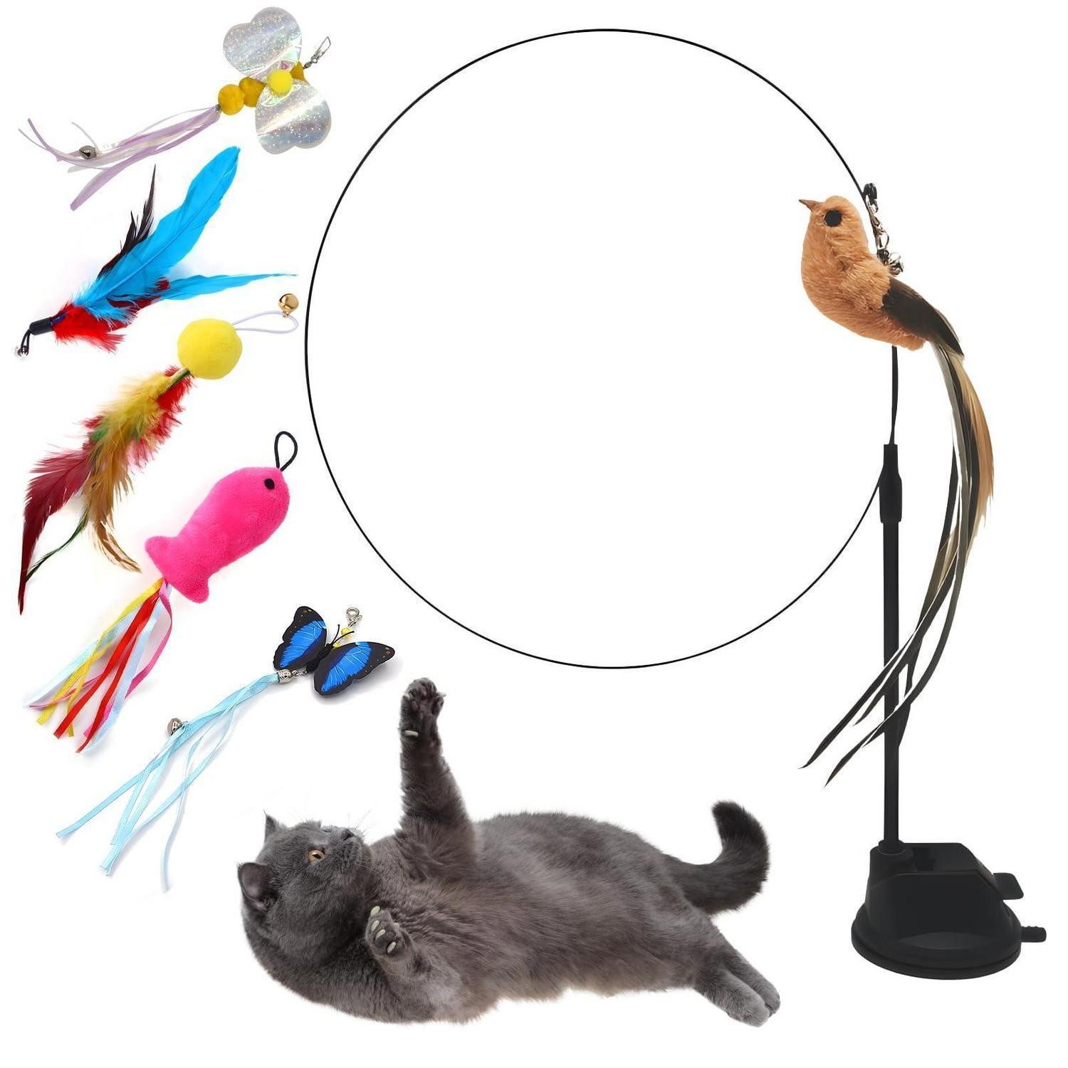 LuxusKollektion Tier-Beschäftigungsspielzeug Katzenangel mit Federn & Anhängern 6er Set, Kunststoff