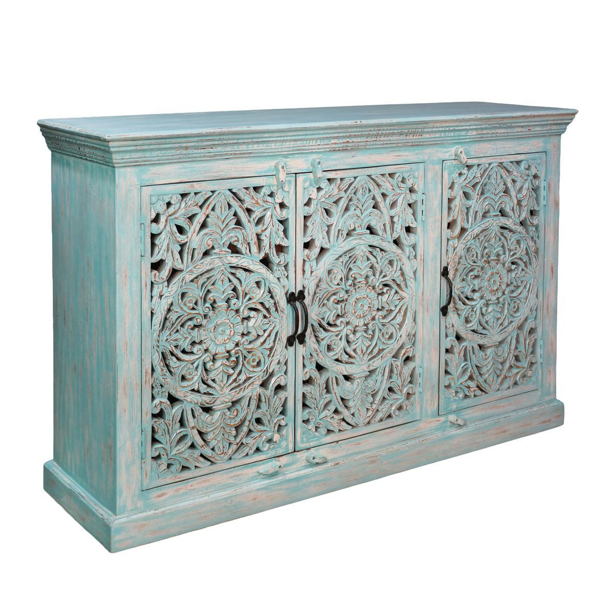 Oriental Galerie Unterschrank Indien Sideboard Jeevan Türkis Blau 140 cm Anrichte Esszimmer, Kommode Flur, Schuhschrank