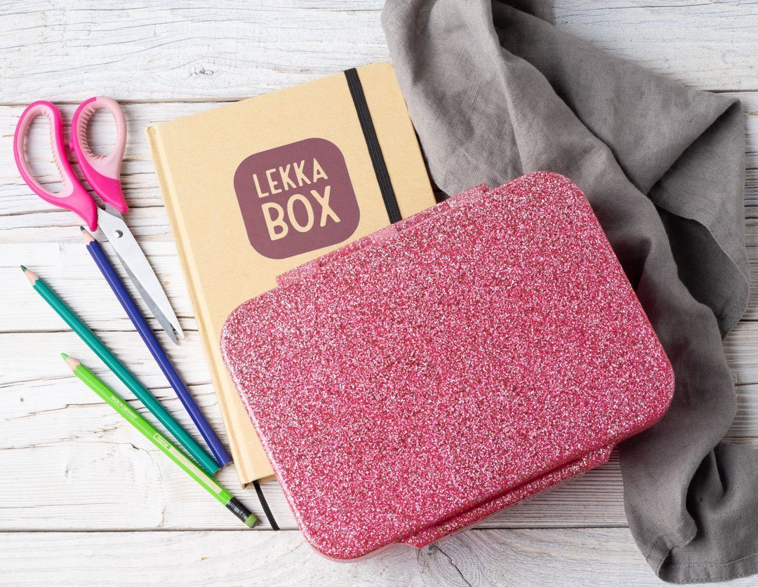 LEKKABOX Lunchbox Glitzer Brotdose, 4 Fächer - Kinder Bento Box Vesperdose Brotbox, Für feuchte Lebensmittel auslaufsichere Bento Box, inkl. extra Trenner