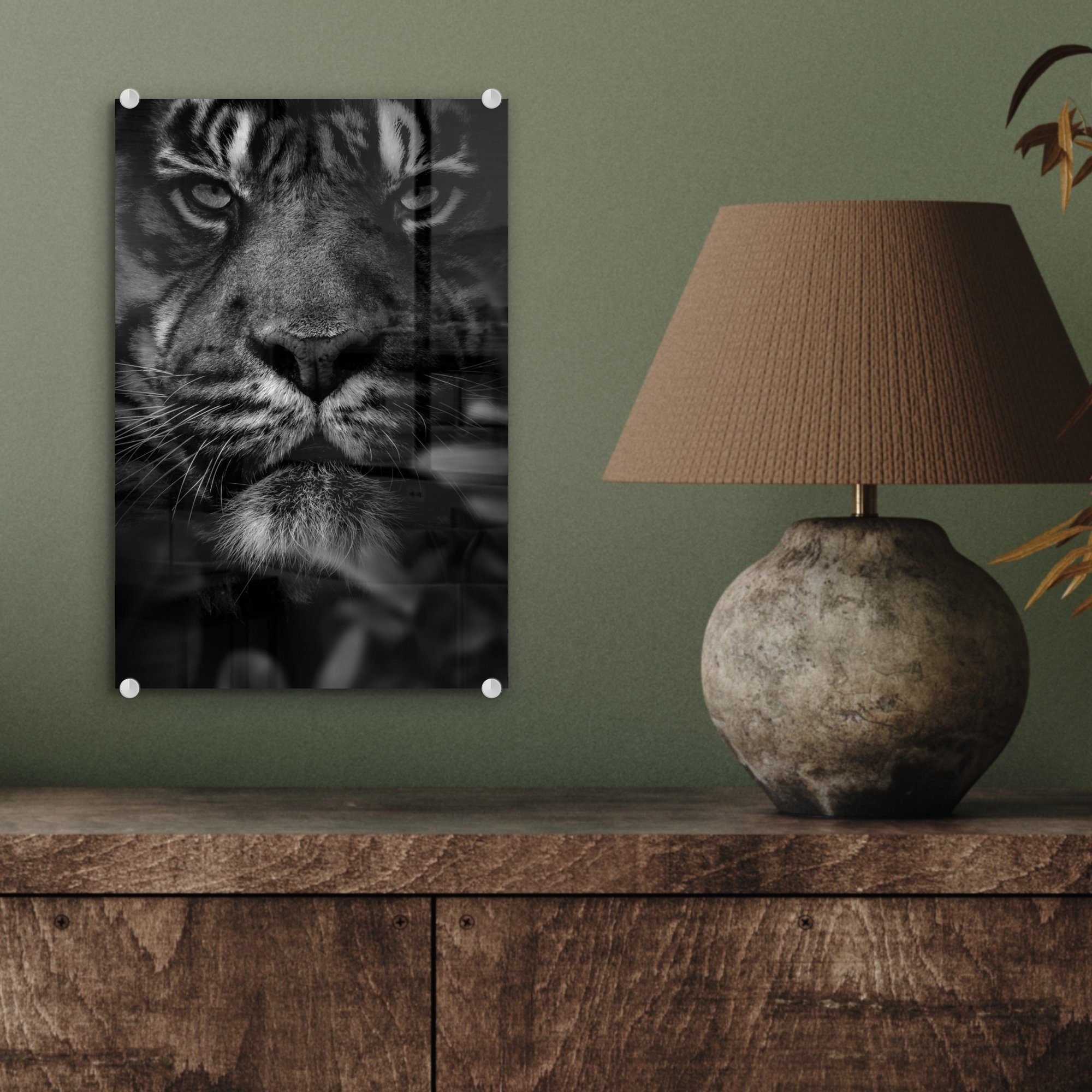 auf schwarz Tiger Bilder Wanddekoration bunt einem - und Glasbilder - St), Glas Blättern auf Nahaufnahme (1 Foto - Glas Dschungel Acrylglasbild Wandbild von im - und, MuchoWow