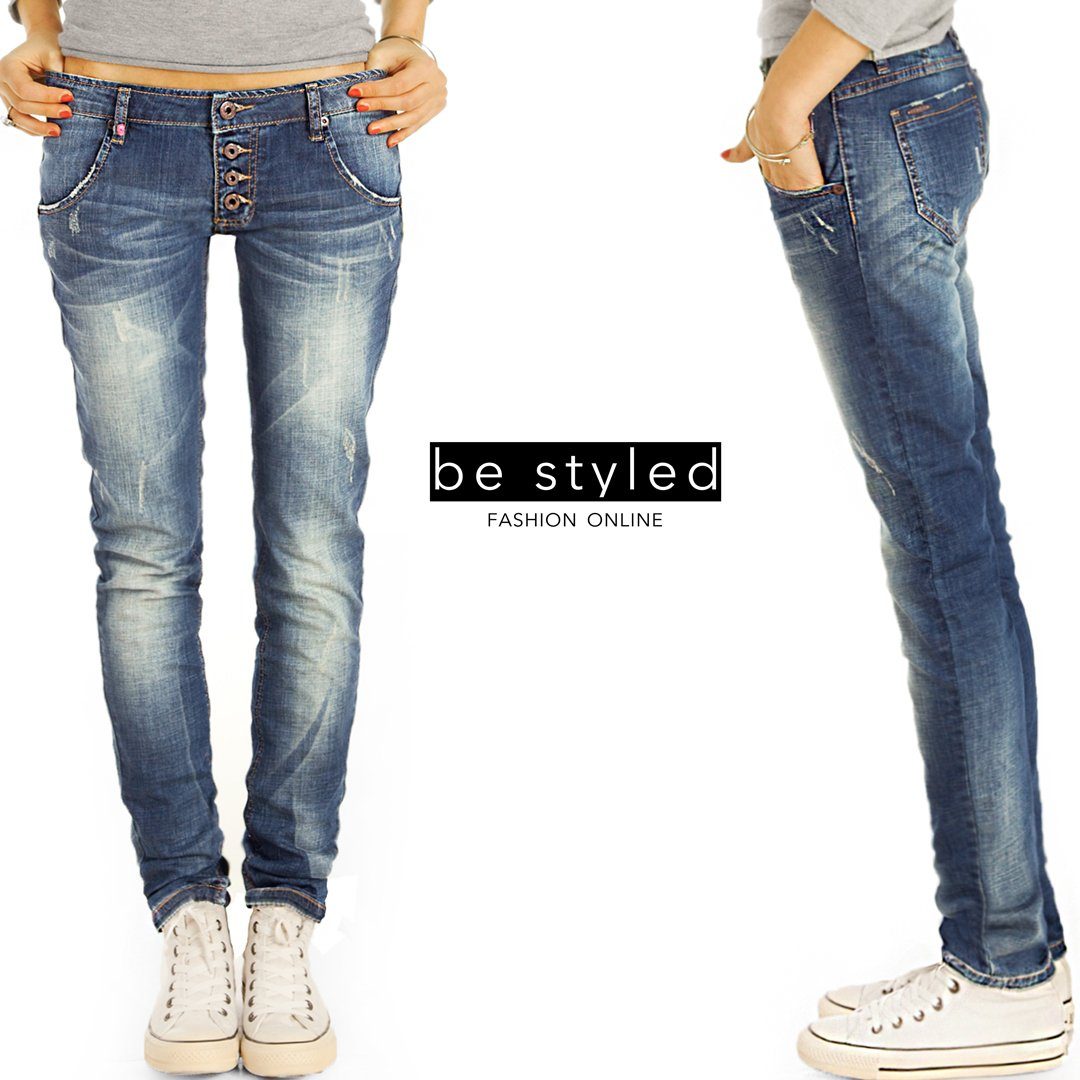 Stretch-Anteil, Hüftjeans mit am Damen mit Saum, be - Schlitz styled Waist Low j17g-3 Knopfleiste Low-rise-Jeans - 5-Pocket-Style
