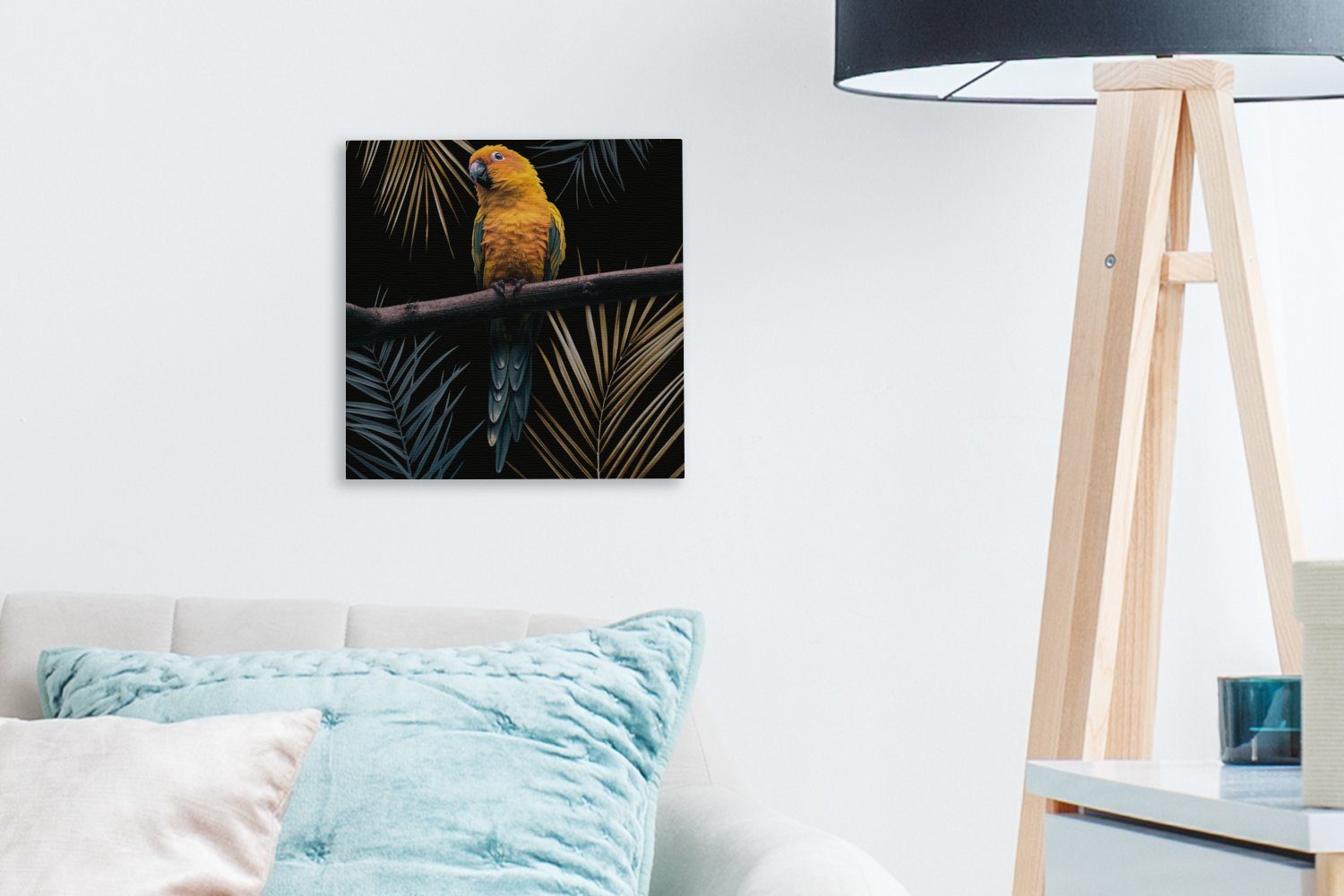 Vogel bunt Leinwand St), - (1 für OneMillionCanvasses® Schlafzimmer Wohnzimmer - Blätter, Papagei Leinwandbild - Zweig Bilder
