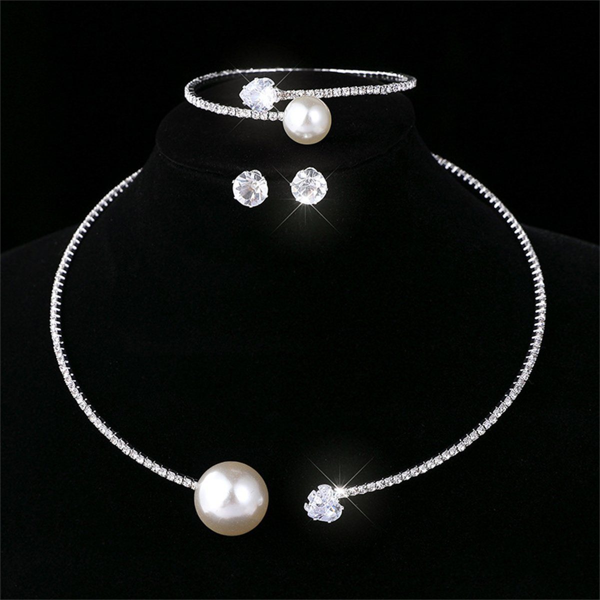 carefully selected Schmuckset Damen-Set mit Zirkon-Perlenschmuck, Armband, Halskette und Ohrringen (3-tlg) Silber