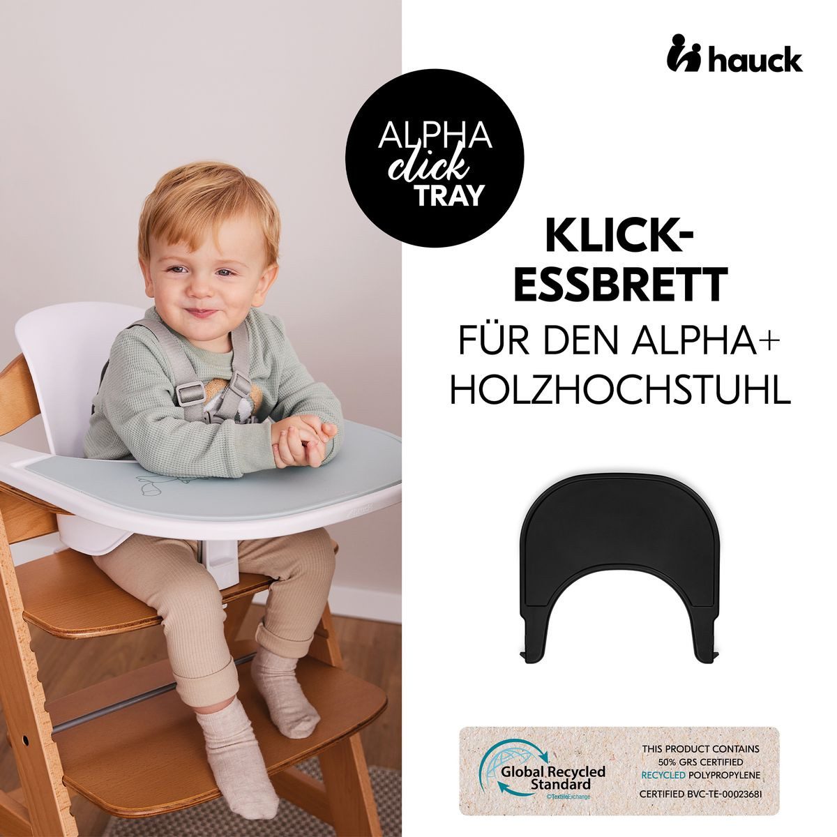Hauck Hochstuhl Alpha Plus Black (Set), Kinderhochstuhl mit Essbrett Click Tray, Sitzkissen & Aufbewahrungsbox
