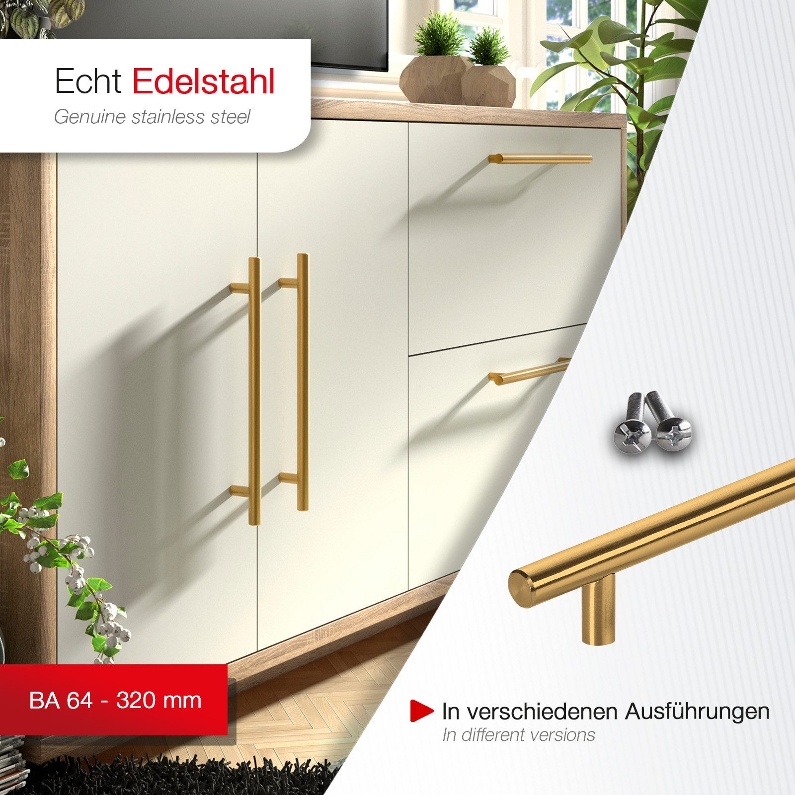 SO-TECH® Möbelgriff Stangengriff G17 echt Edelstahlrohr Ø 12 mm inkl. Schrauben (1-St), Goldfarbig galvanisiert, Bohrlochabstand 64 mm, Schrankgriff