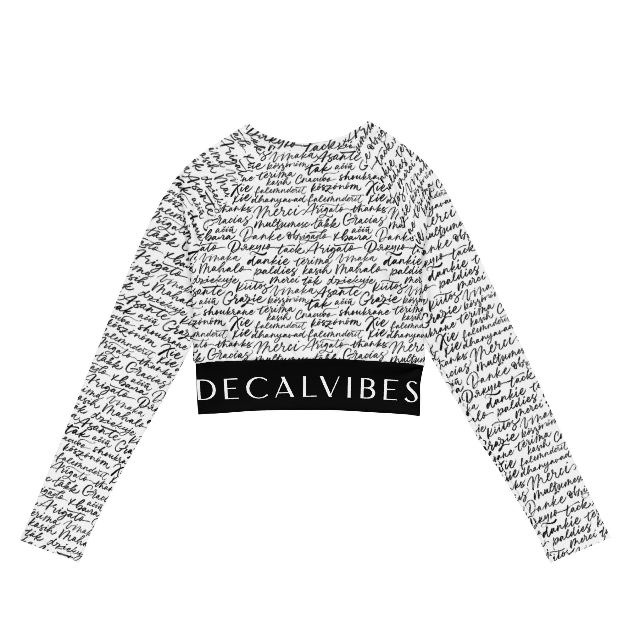 DECALVIBES Crop-Top Crop Top mit langen Ärmeln Ultimate Multilingual Calligraphy UPF 50+, lange Raglanärmel, Crop-Schnitt, recyceltes Material
