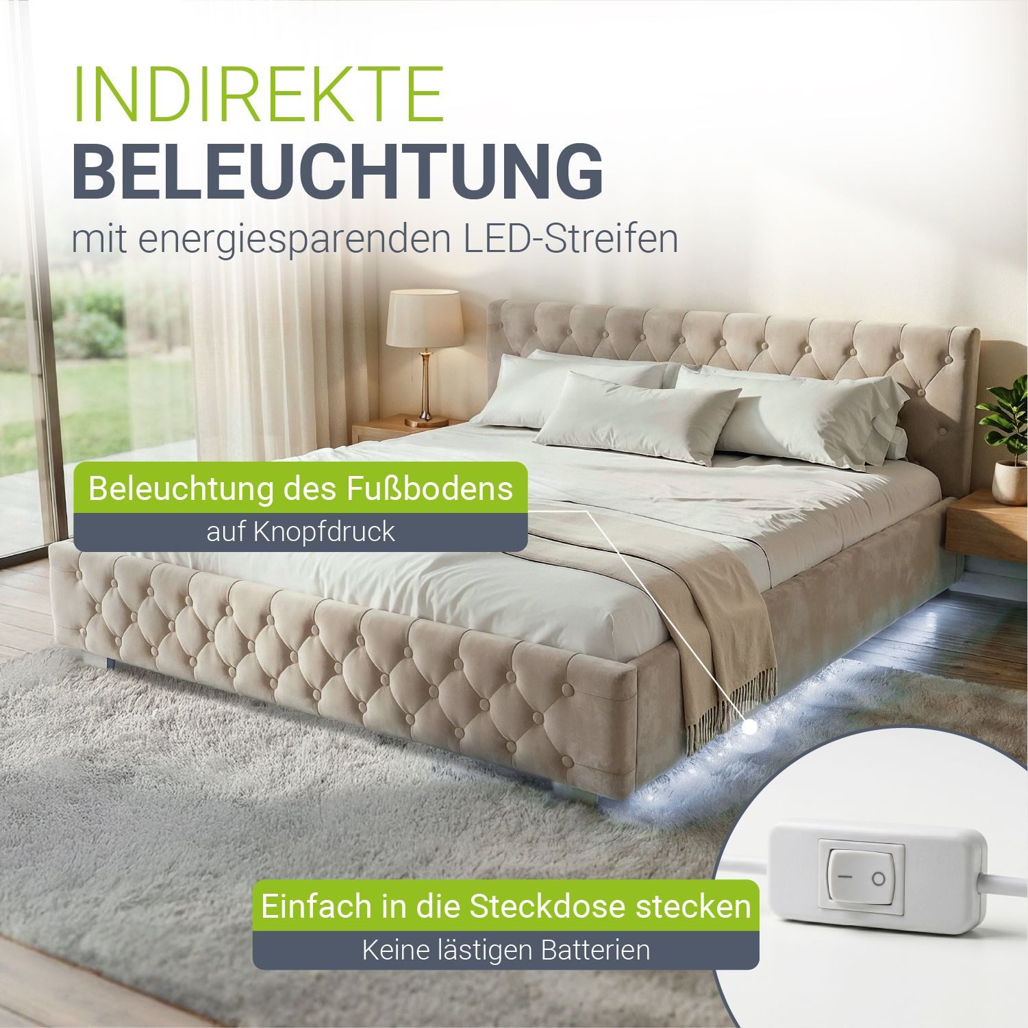 Juskys Polsterbett Nizza, 180x200 cm, LED Licht, Stauraum, Samtbezug, inkl. Matratze