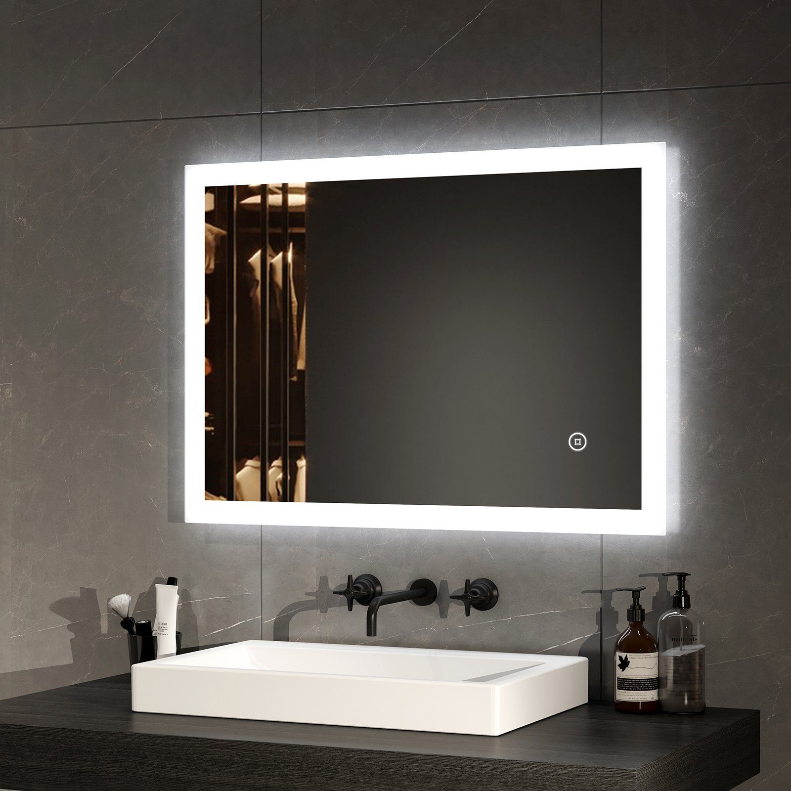 EMKE Badspiegel LED Badspiegel Badezimmerspiegel mit Beleuchtung (Vertikal und Horizontal möglich, Touch-schalter, Wandschalter), Kaltweißlicht Beschlagfrei IP44