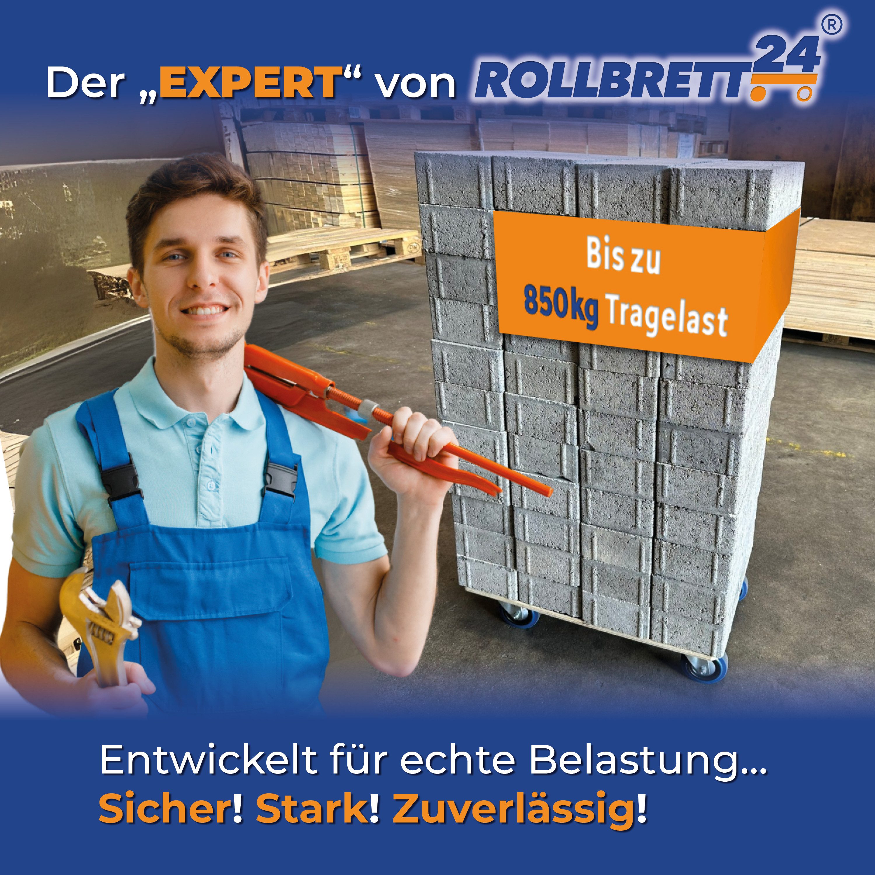 Rollbrett24 Transportroller Rollbrett 60x40cm mit Siebdruckplatte 850kg Tragkraft - 360° Rollen, (Rollbrett), Hohe Tragkraft bis 850 kg leise Rollen für Umzug und Werkstatt