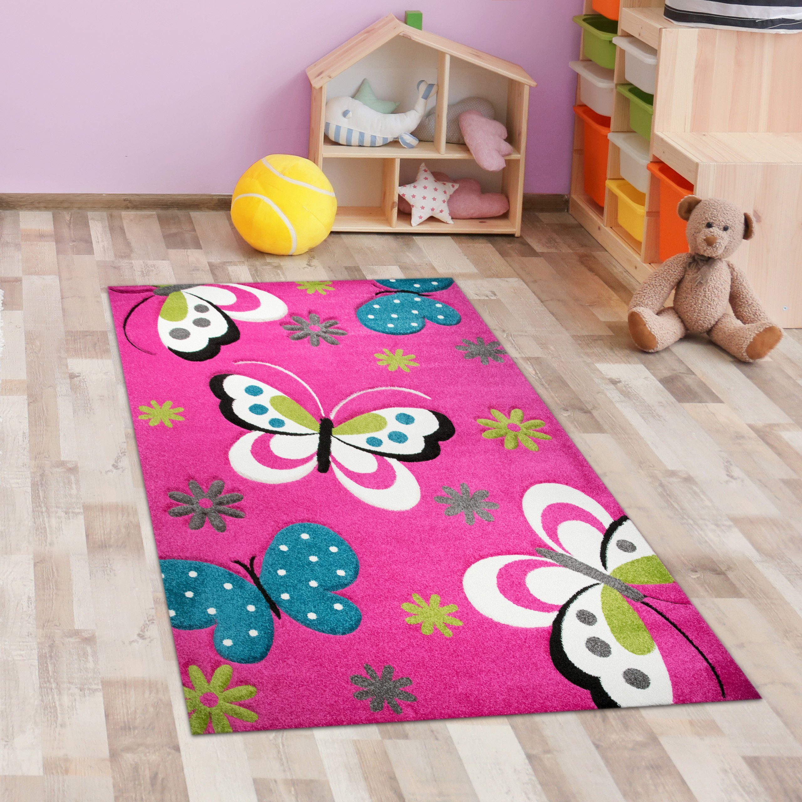 Kinderteppich Bunter Kinderzimmerteppich mit Schmetterlingen in pink, Carpetia, rechteckig, Höhe: 13 mm