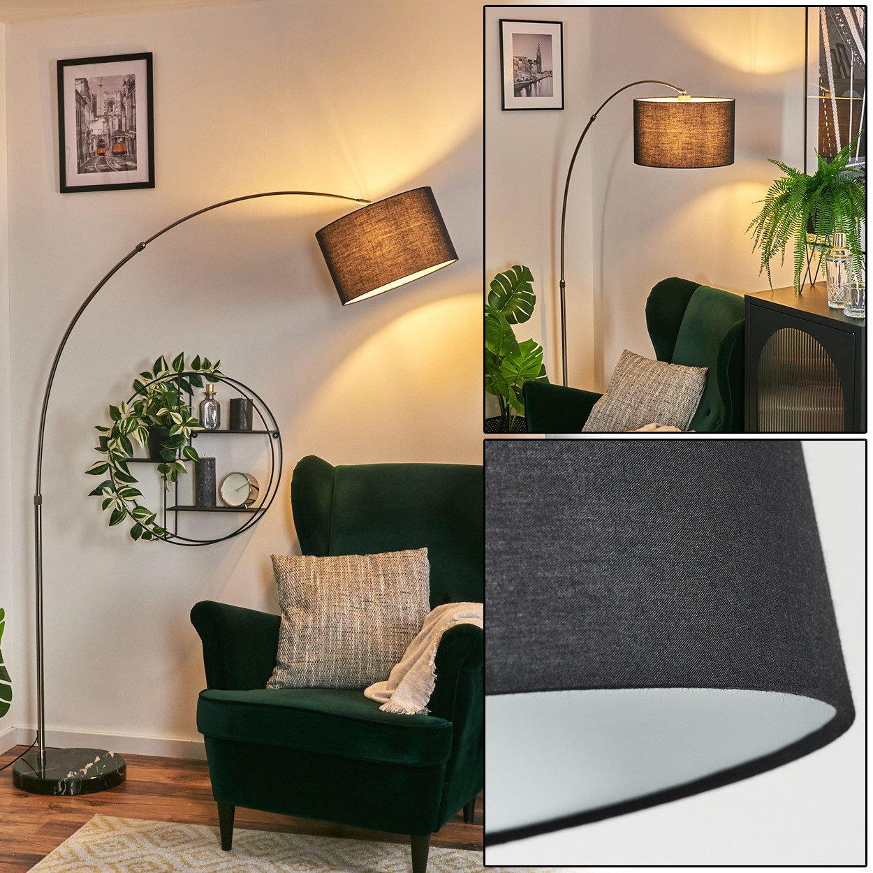 hofstein Bogenlampe Stehlampe mit Marmorfuß aus Metall/Stoff in Nickel-matt/Schwarz/Weiß, verstellbare Stehleuchte im modernen Design, Ø 35 cm, Fußschalter, E27