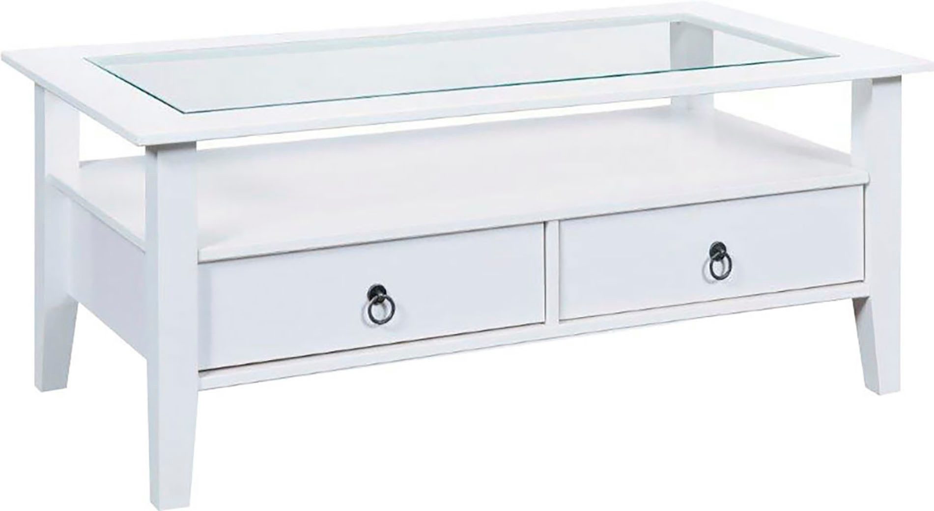 Inter Link Couchtisch Provence, Kiefer Massivholz, Glasplatte & Schublade, Landhausstil, Wohnzimmertisch, Sofatisch, Stauraum, BxTxH: 115 x 60 x 45 cm